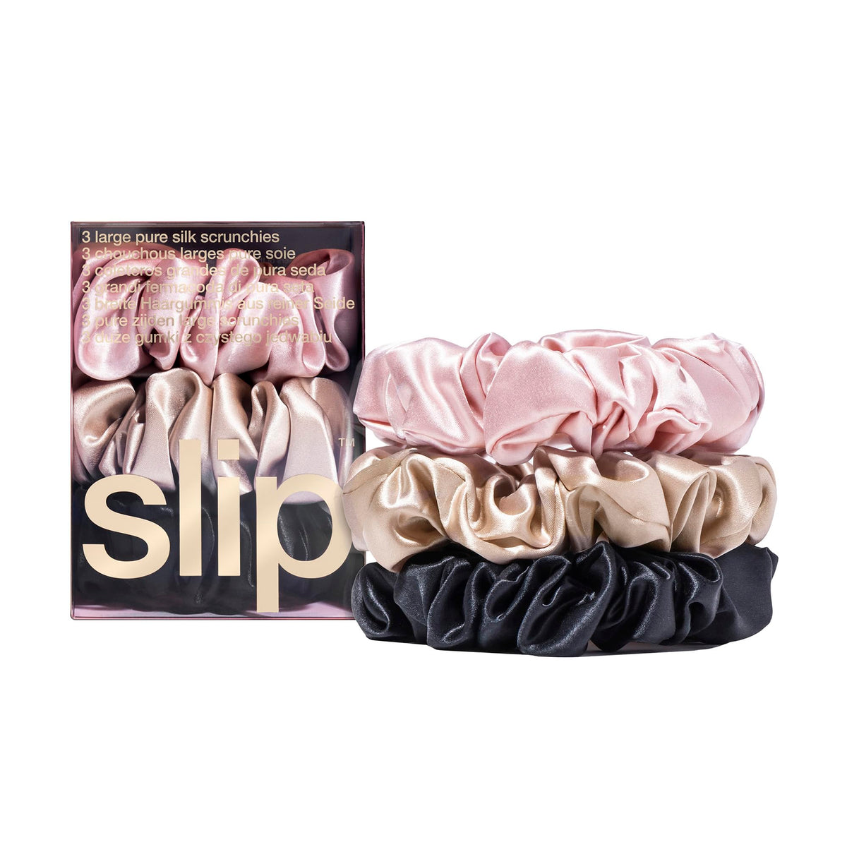 SLIP Large Scrunchie Multi pink close-up shows luxurious silk for gentle hair care.