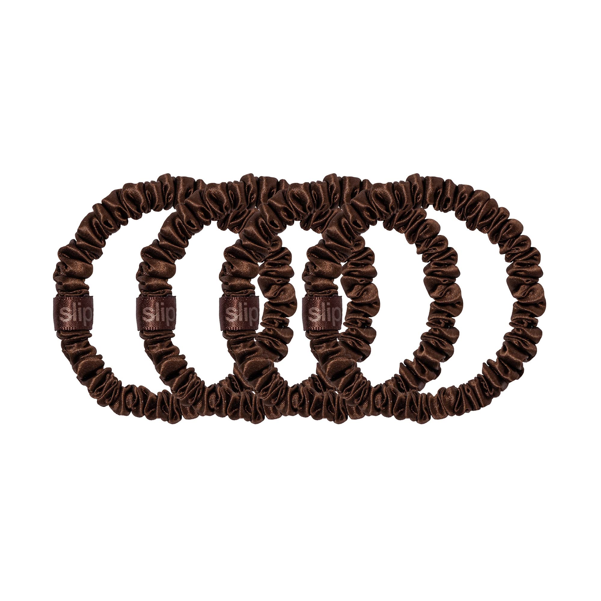 SLIP luxury hair accessory; dark brown silk skinny scrunchies elevate everyday styling.