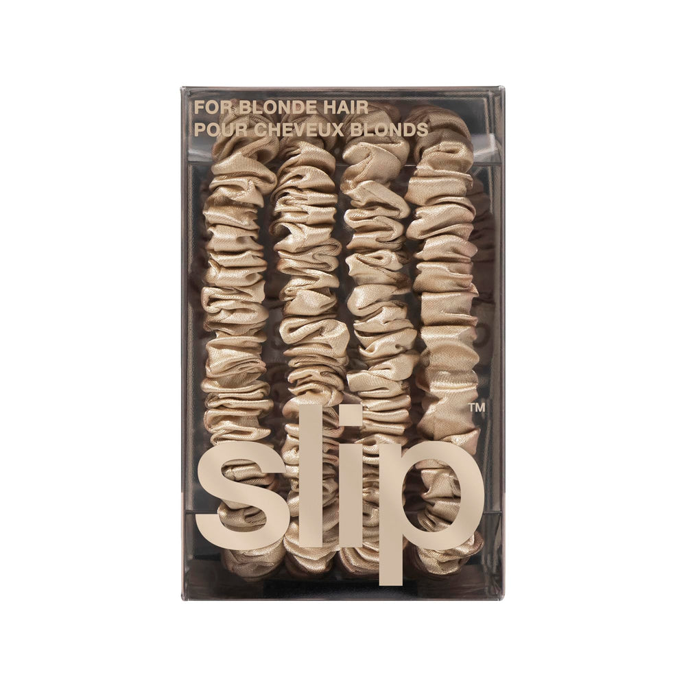 Slip Silk Skinny Scrunchies blonde wrapped-around-hair shows reduced creasing and comfortable wear.