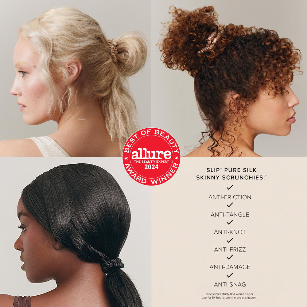 SLIP Skinny Scrunchies Black closeup highlights anti-crease, gentle-hold silk for daily wear.