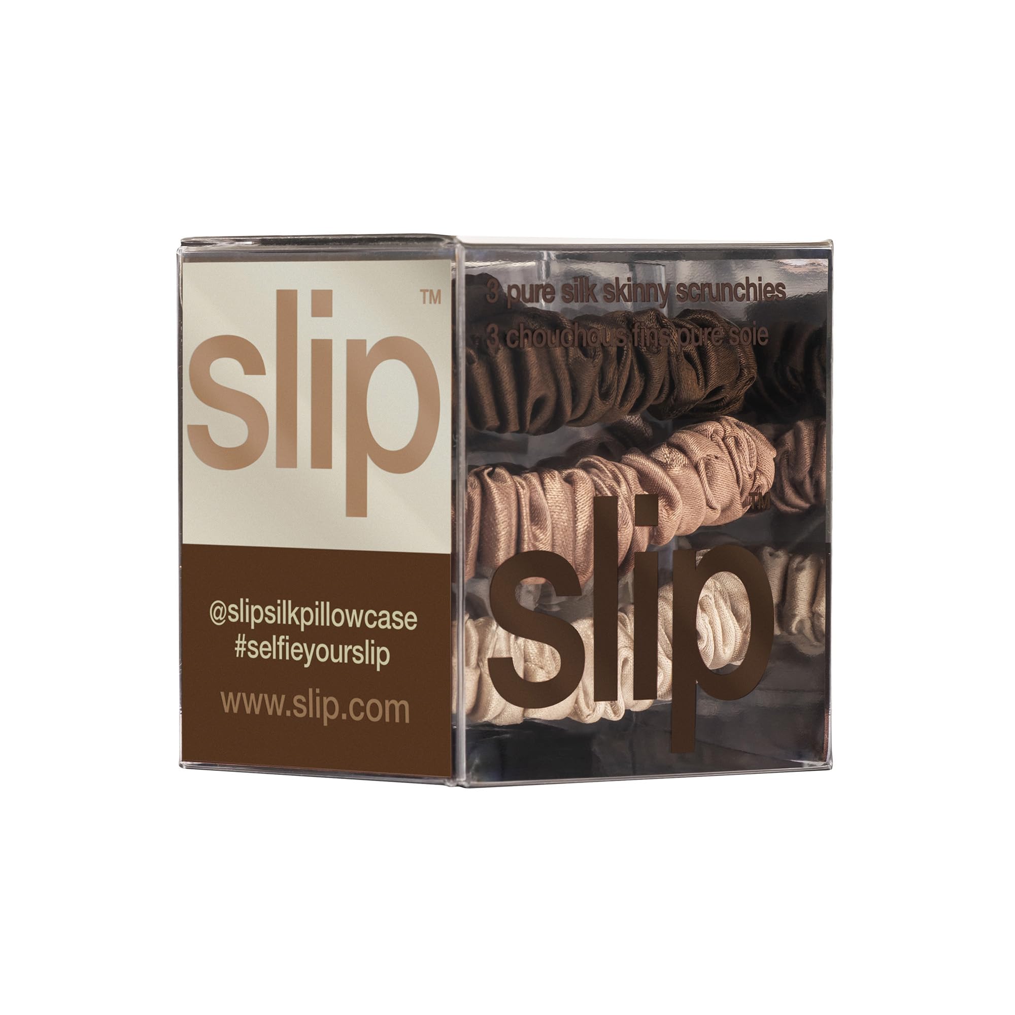 SLIP Skinny Scrunchies dark-brown-on-hair supports all-day wear without snagging.