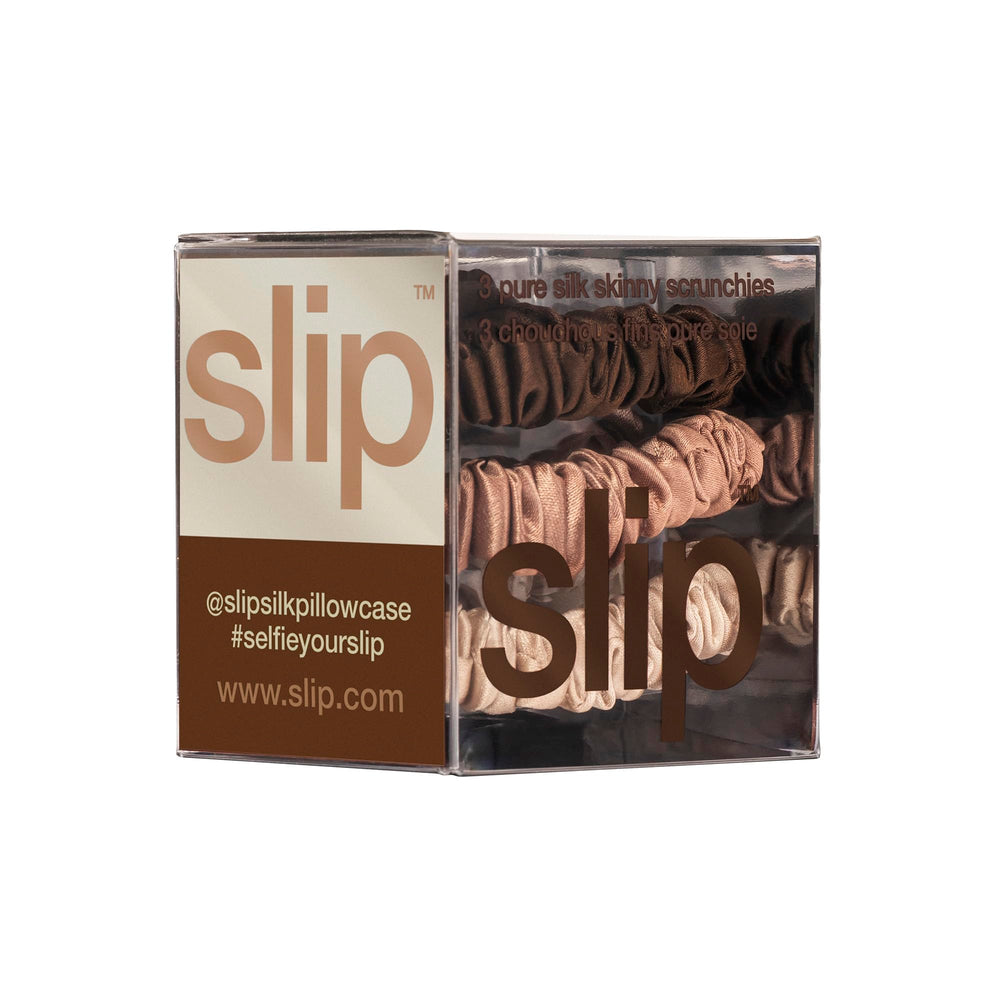 SLIP Skinny Scrunchies dark-brown-on-hair supports all-day wear without snagging.