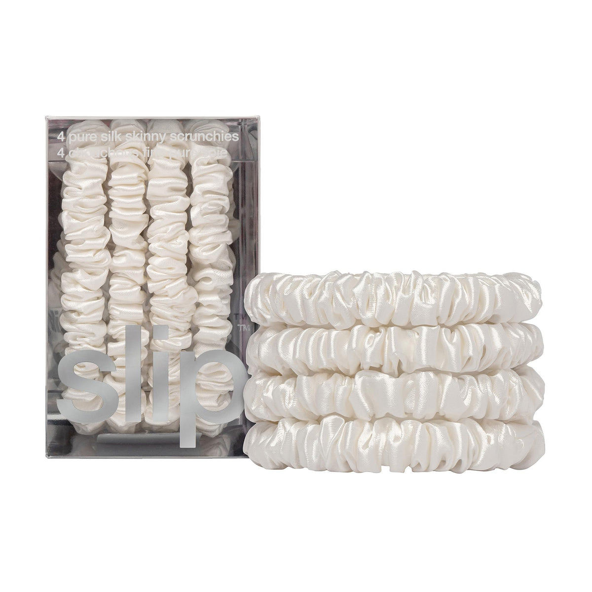SLIP Skinny Scrunchies four-pack white packshot highlights gentle, all-day wear