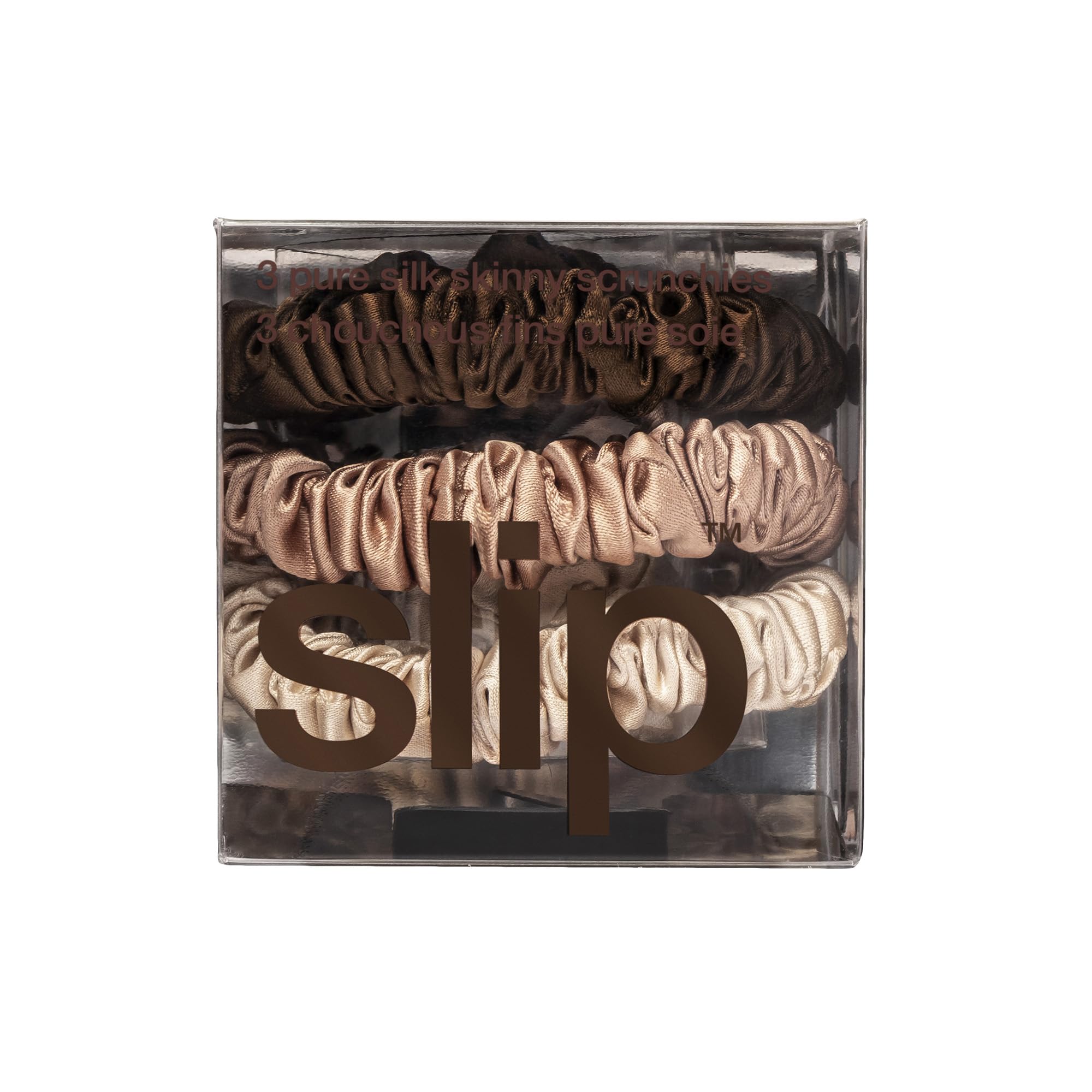 SLIP Skinny Scrunchies light-brown pack pairs with light hair for creaseless wear.