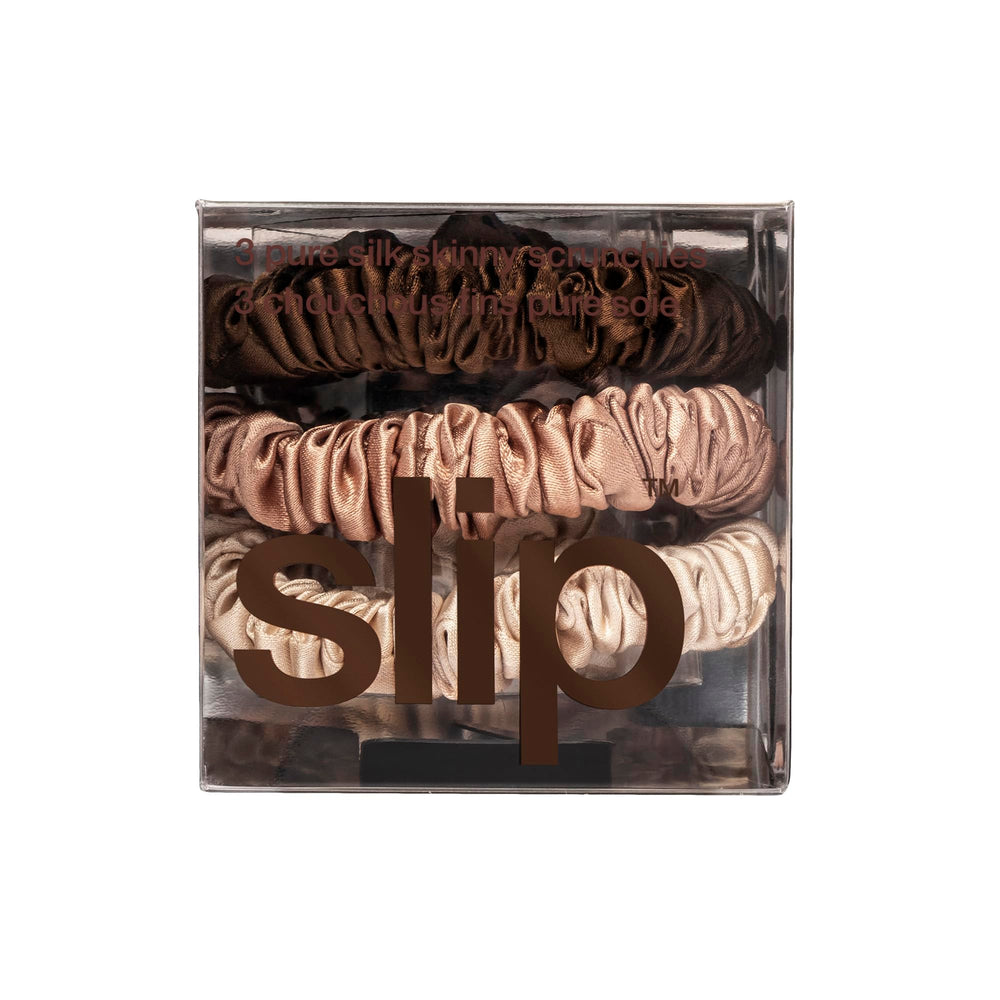 SLIP Skinny Scrunchies light-brown pack pairs with light hair for creaseless wear.