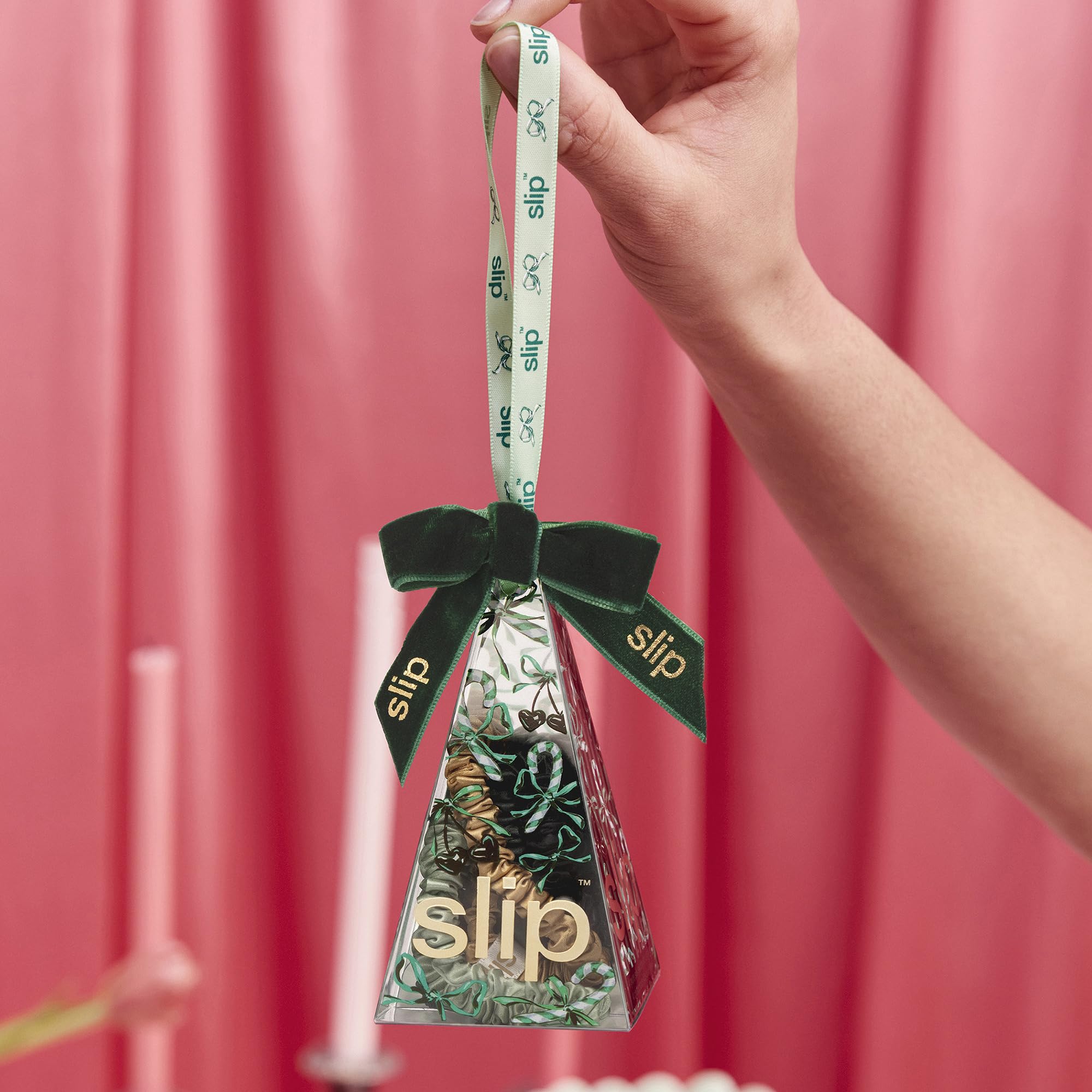 SLIP Skinny Scrunchies Pistachio closeup emphasizes soft slipsilk reducing tug and frizz.