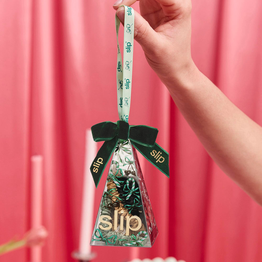 SLIP Skinny Scrunchies Pistachio closeup emphasizes soft slipsilk reducing tug and frizz.