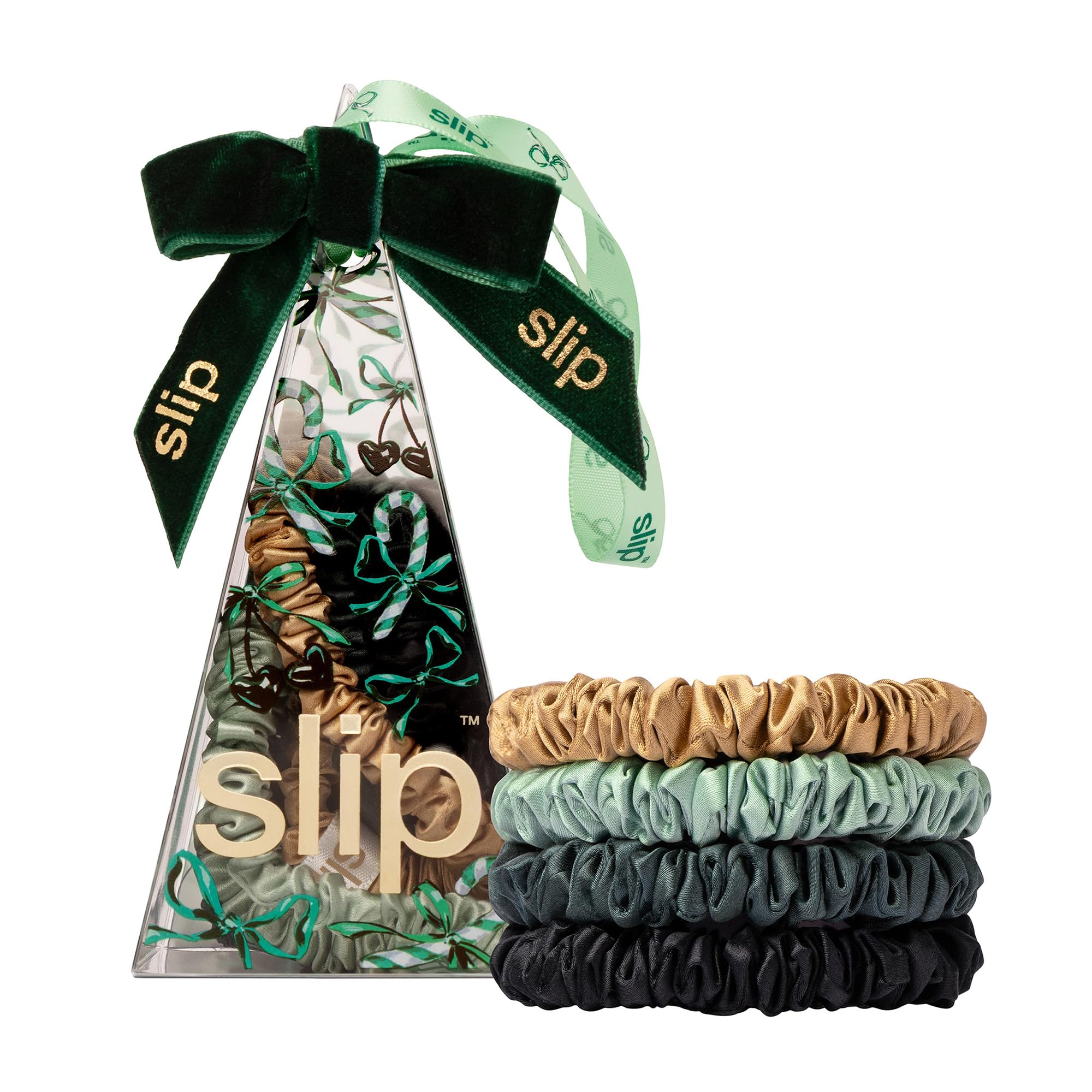 SLIP Skinny Scrunchies Sweetie Pie ornament packaging shows festive, gift-ready hair care (benefit-focused).