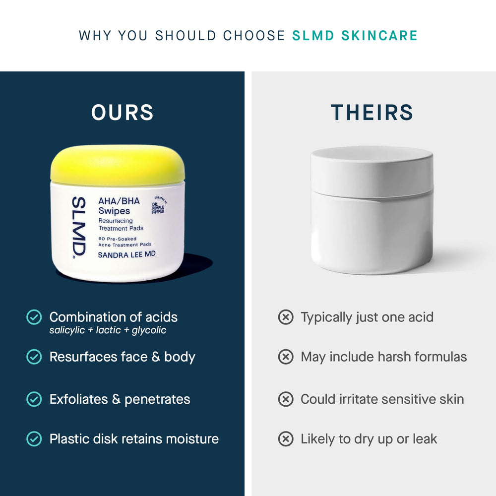 SLMD toner pads ingredient label highlights AHAs BHAs for clearer skin.
