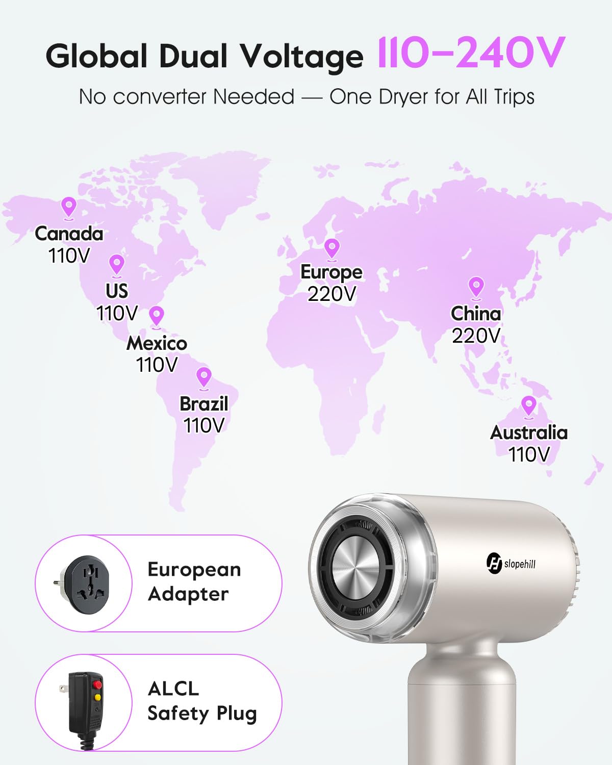 Slopehill hair dryer with ergonomic, ultra-lightweight handle for comfortable styling.
