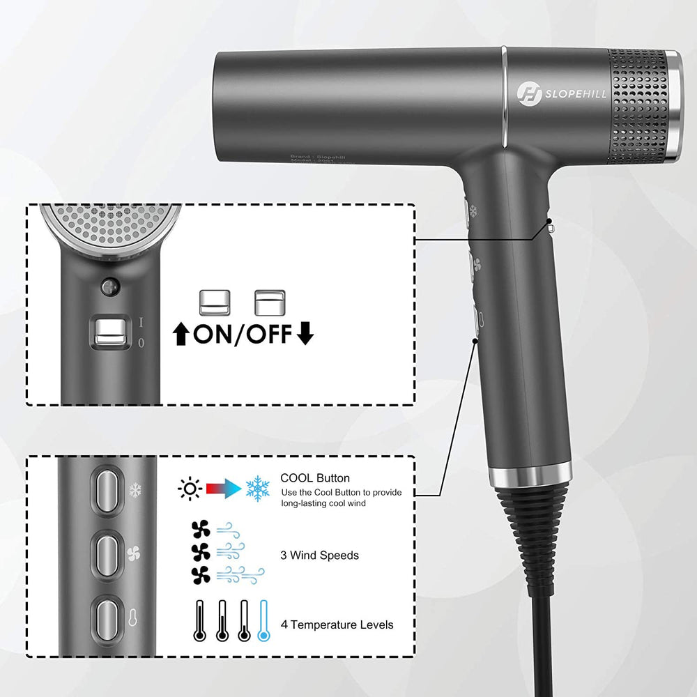 Slopehill hair dryer ion emission system reduces static for smoother hair