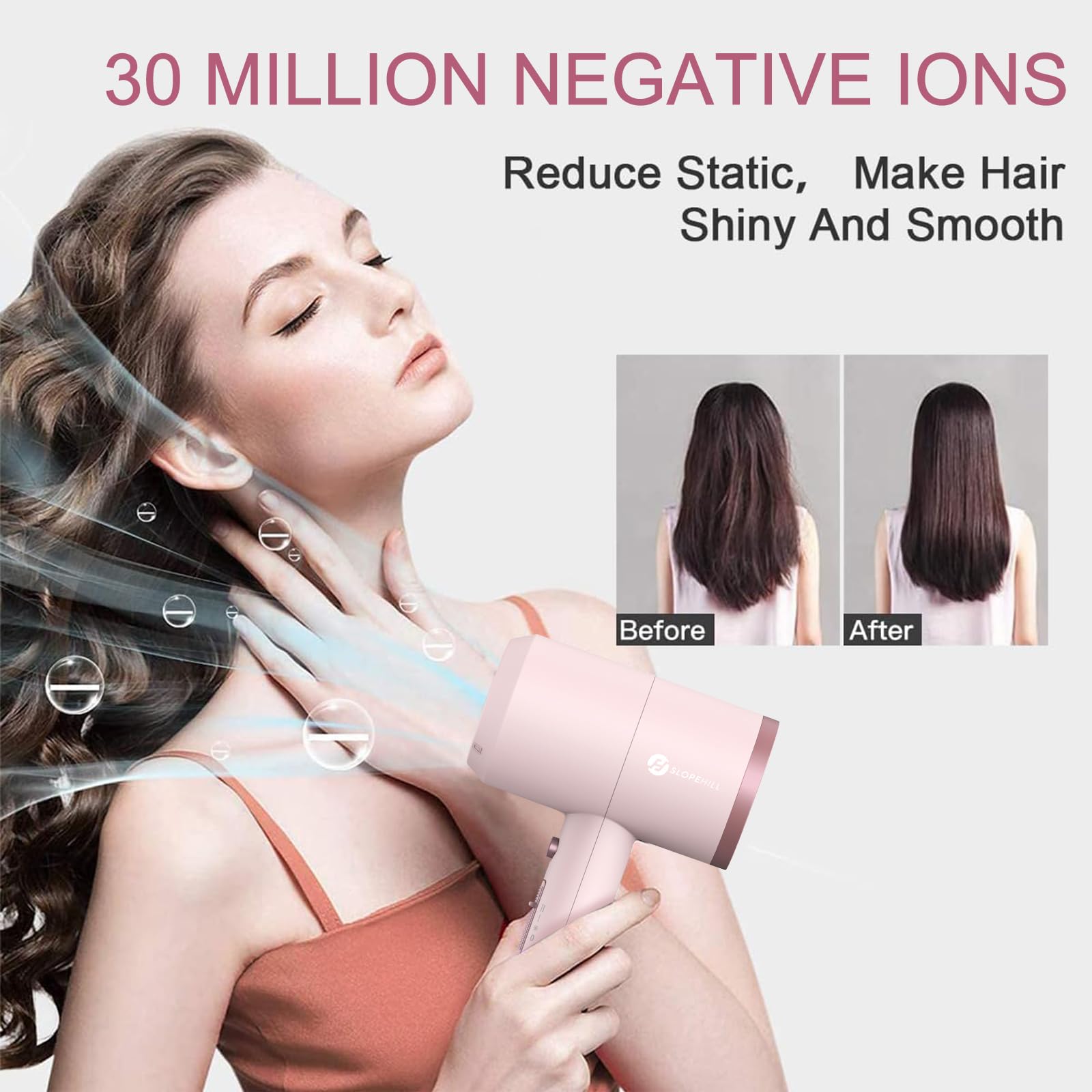 Slopehill hair dryer cool-shot button shown for finishing touches and frizz control.