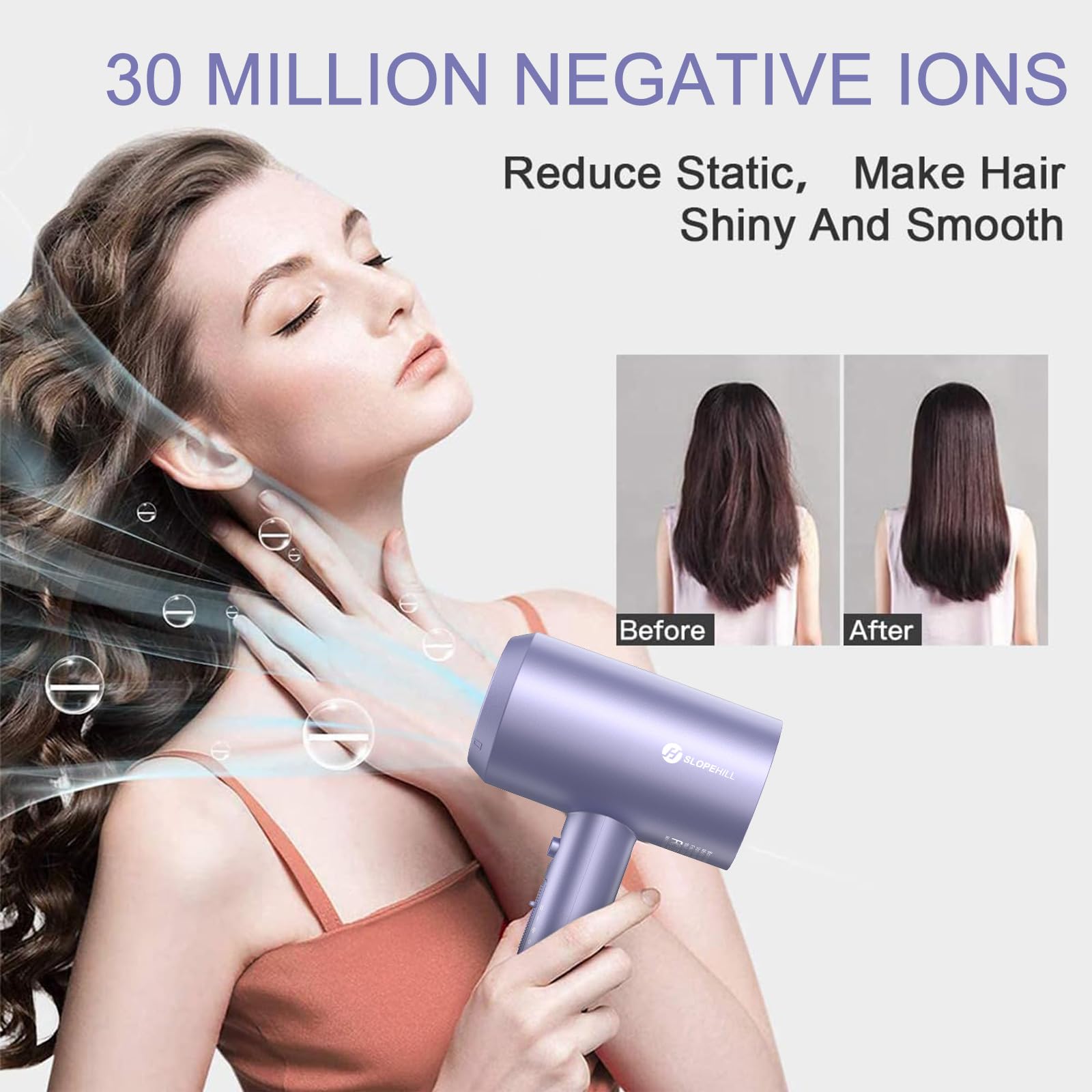 Slopehill diffuser attached for gentle air distribution on curls and waves.
