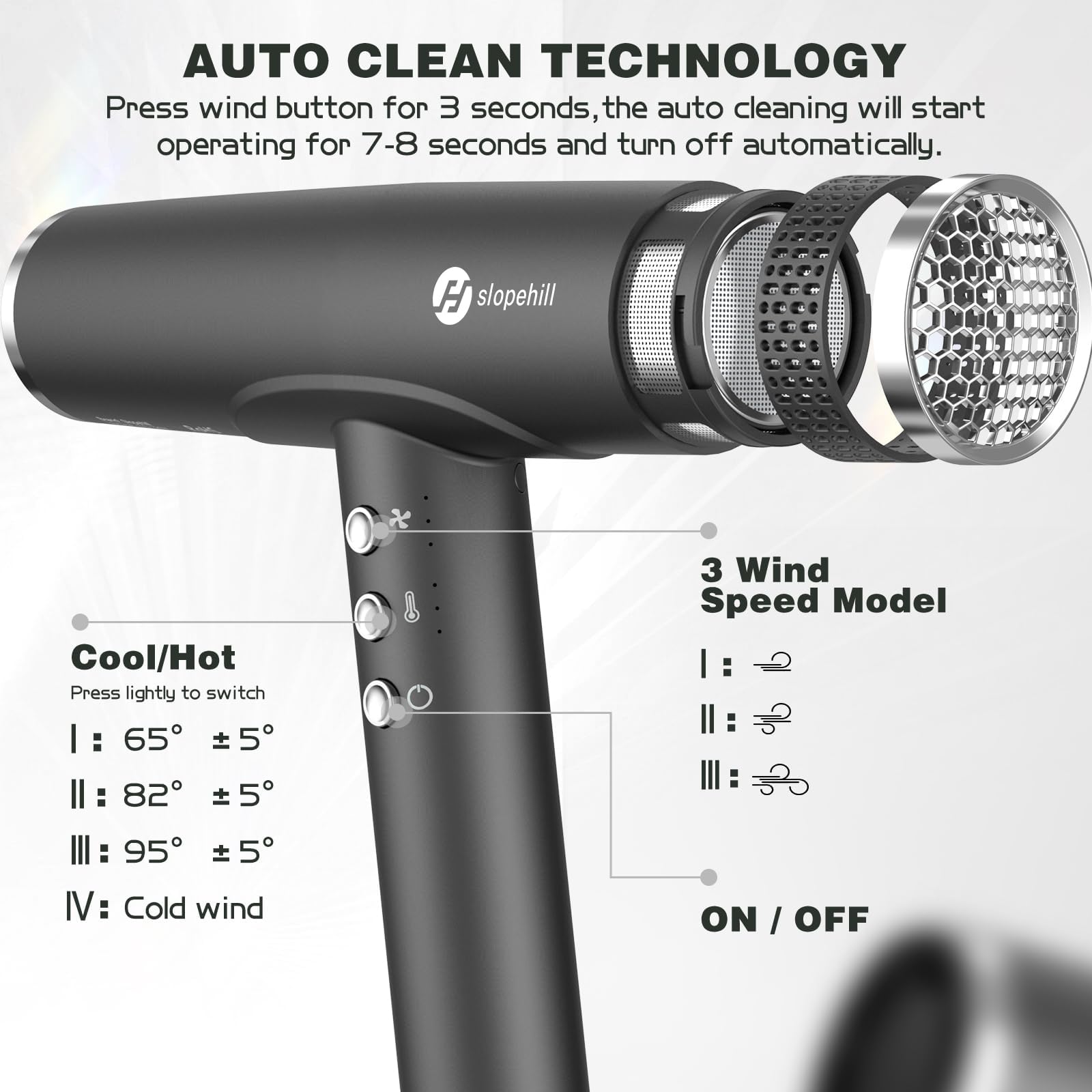 Slopehill professional ionic hair dryer LED indicator displaying customizable settings