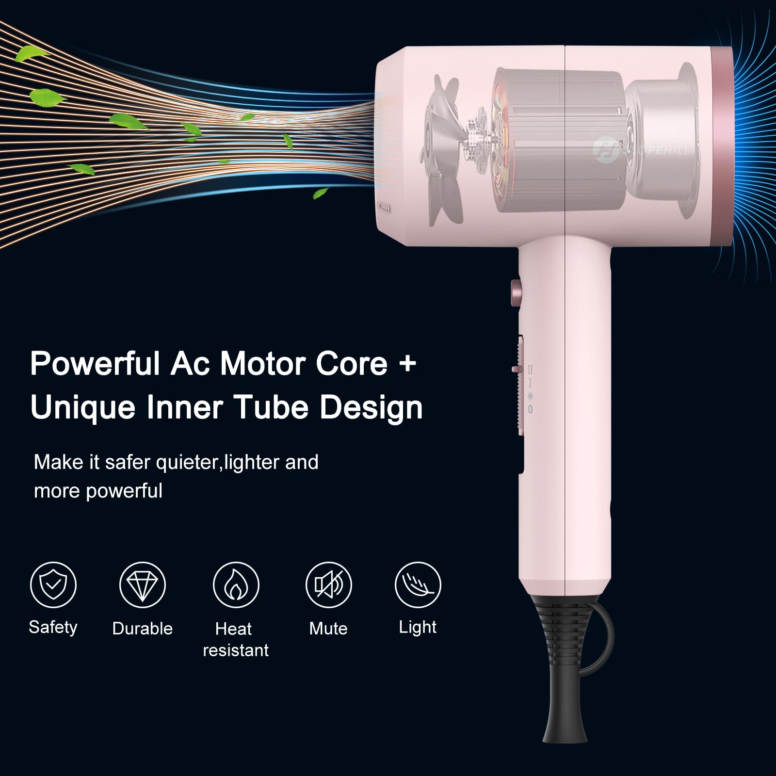 Slopehill professional ionic hair dryer motor detail highlights powerful airflow for quick styling.