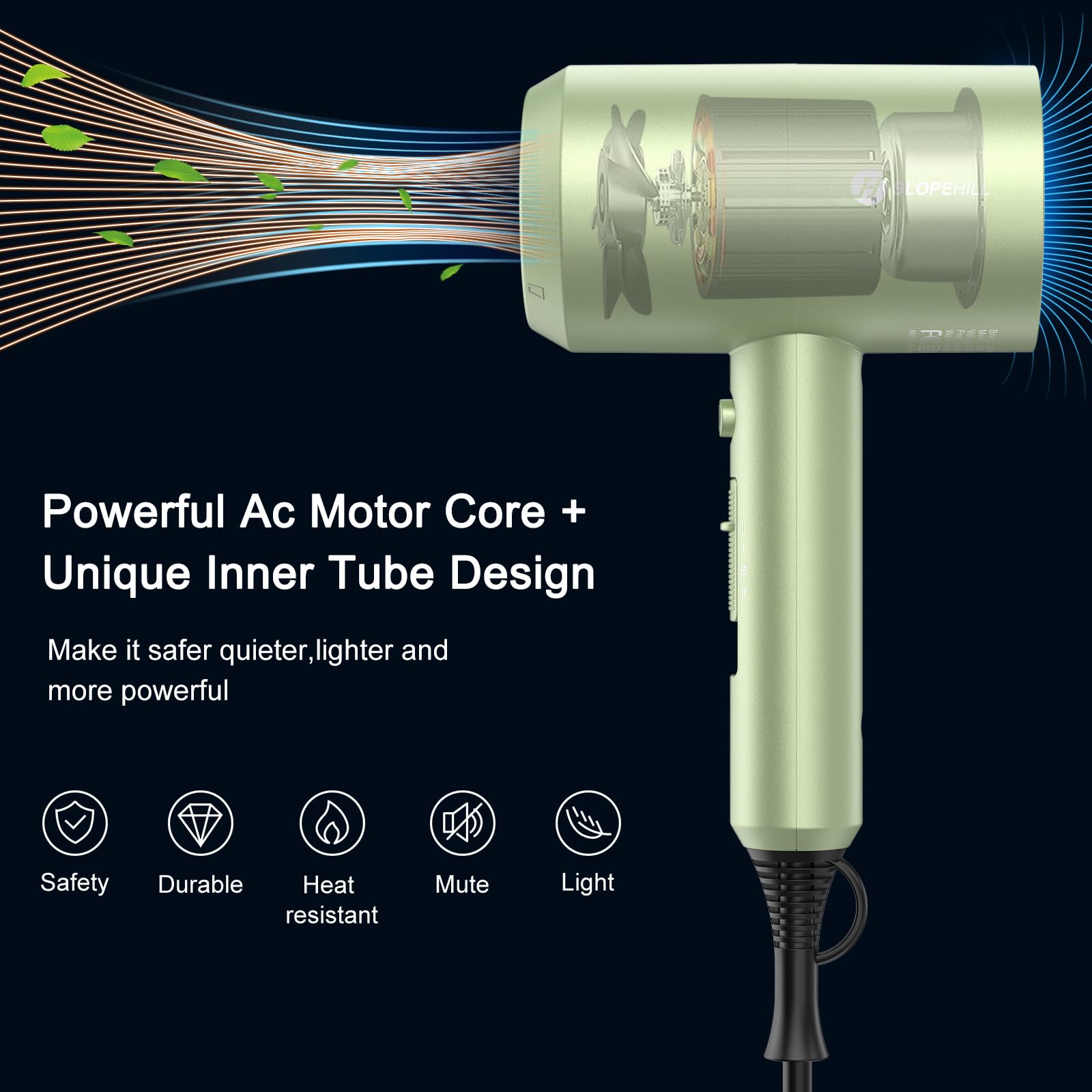 Slopehill professional ionic hair dryer side view in lime cream highlighting compact design