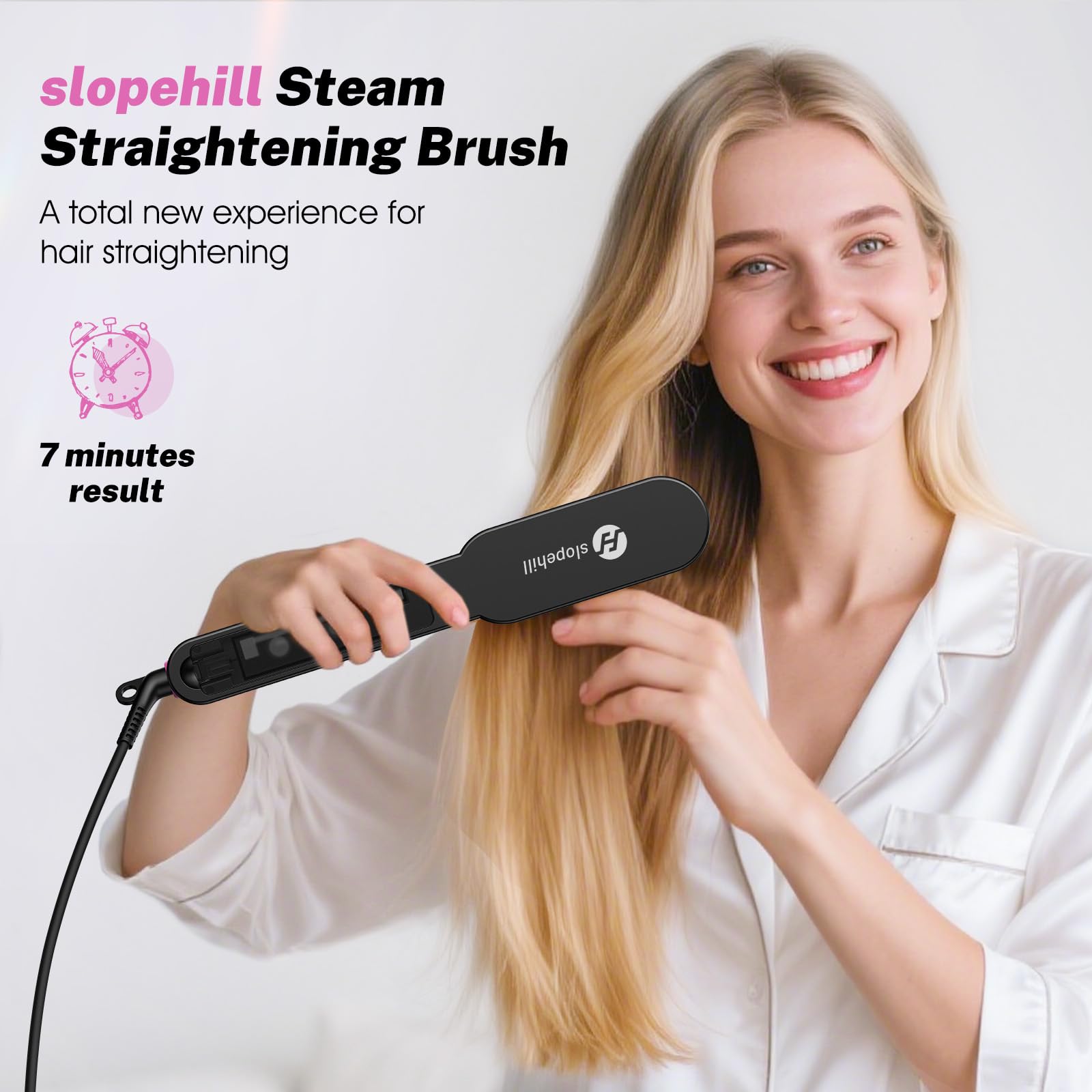 slopehill steam hair straightener brush shows four adjustable heat levels for tailored styling.