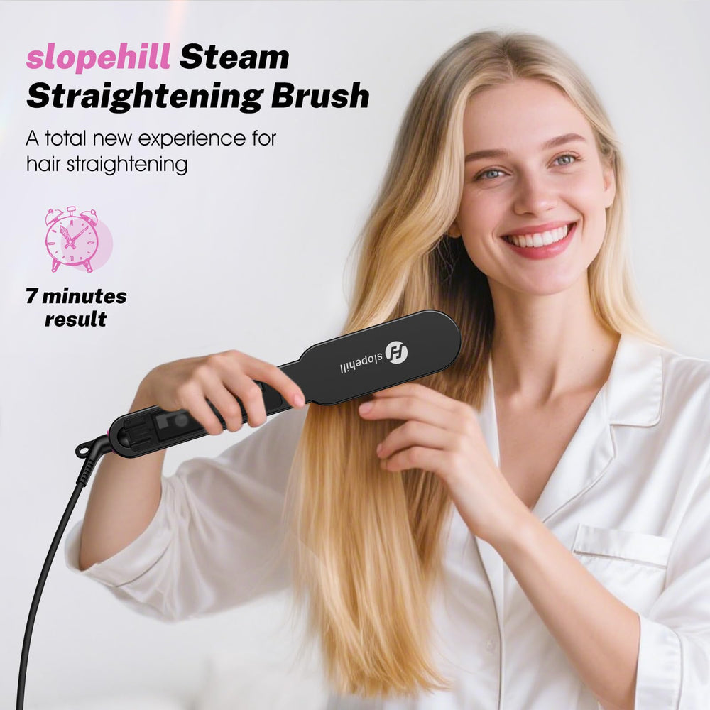 slopehill steam hair straightener brush shows four adjustable heat levels for tailored styling.