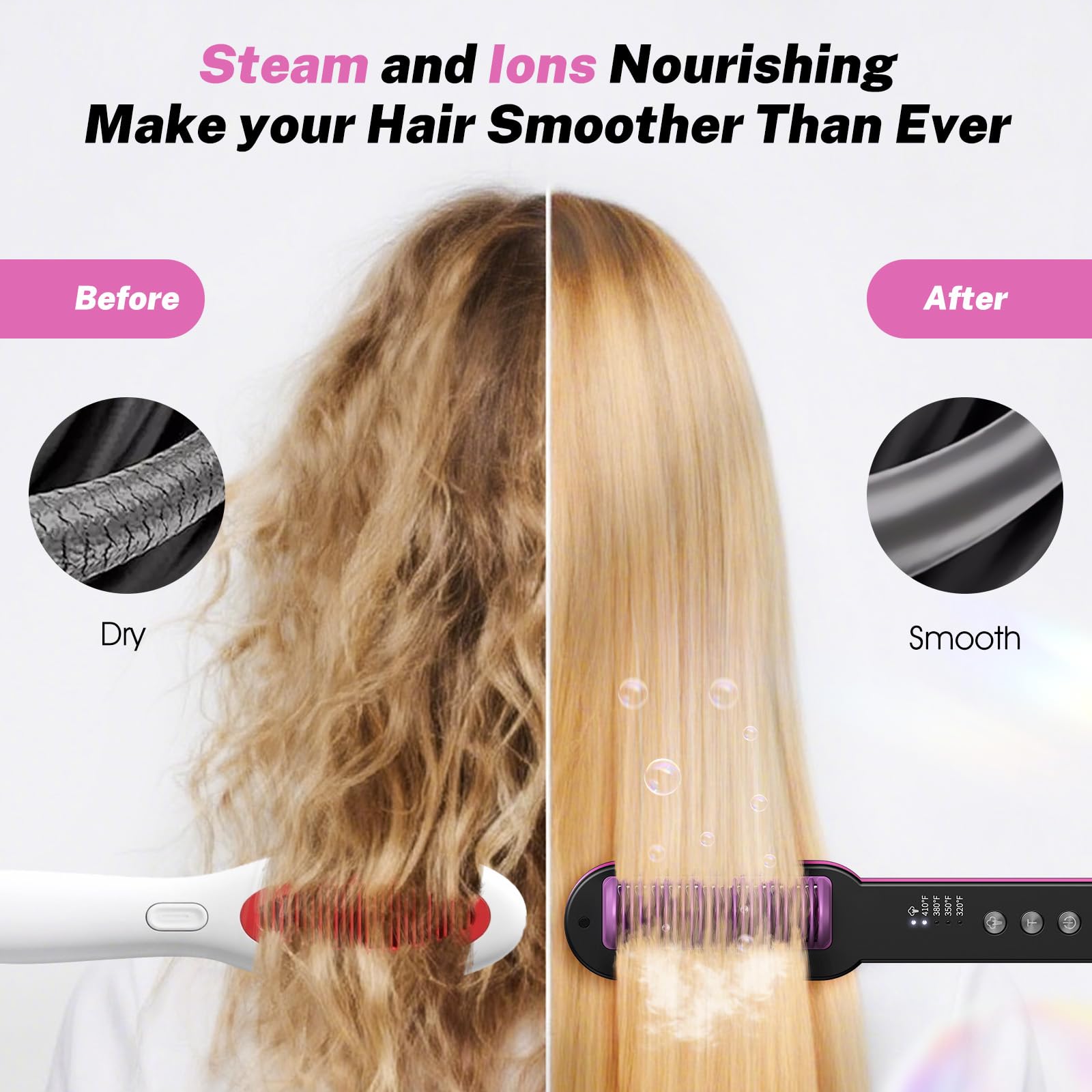 slopehill steam hair straightener brush emits millions of negative ions for smoother shine and less static.