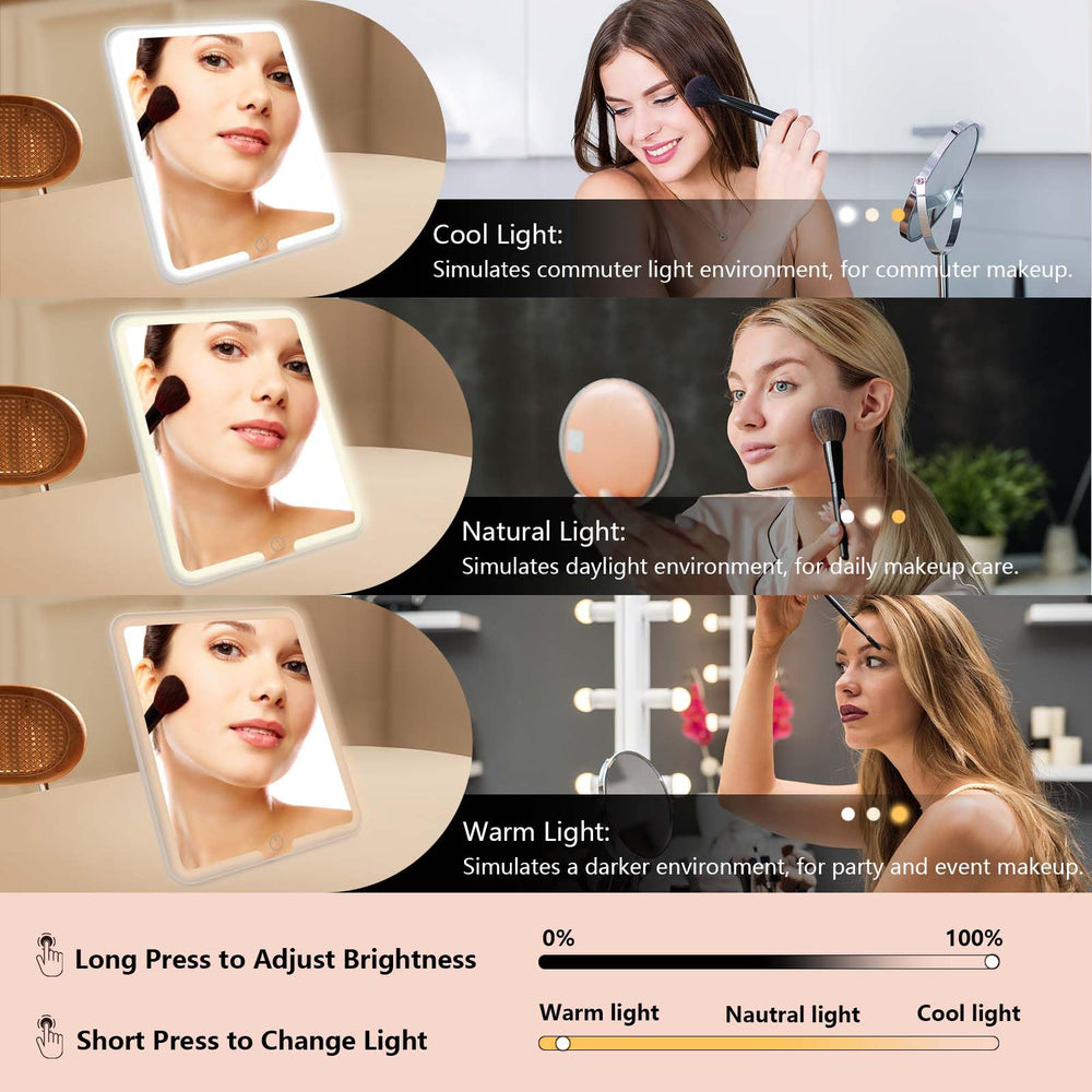 SLUMAZI LED mirror with three lighting modes—simulate makeup in different environments.