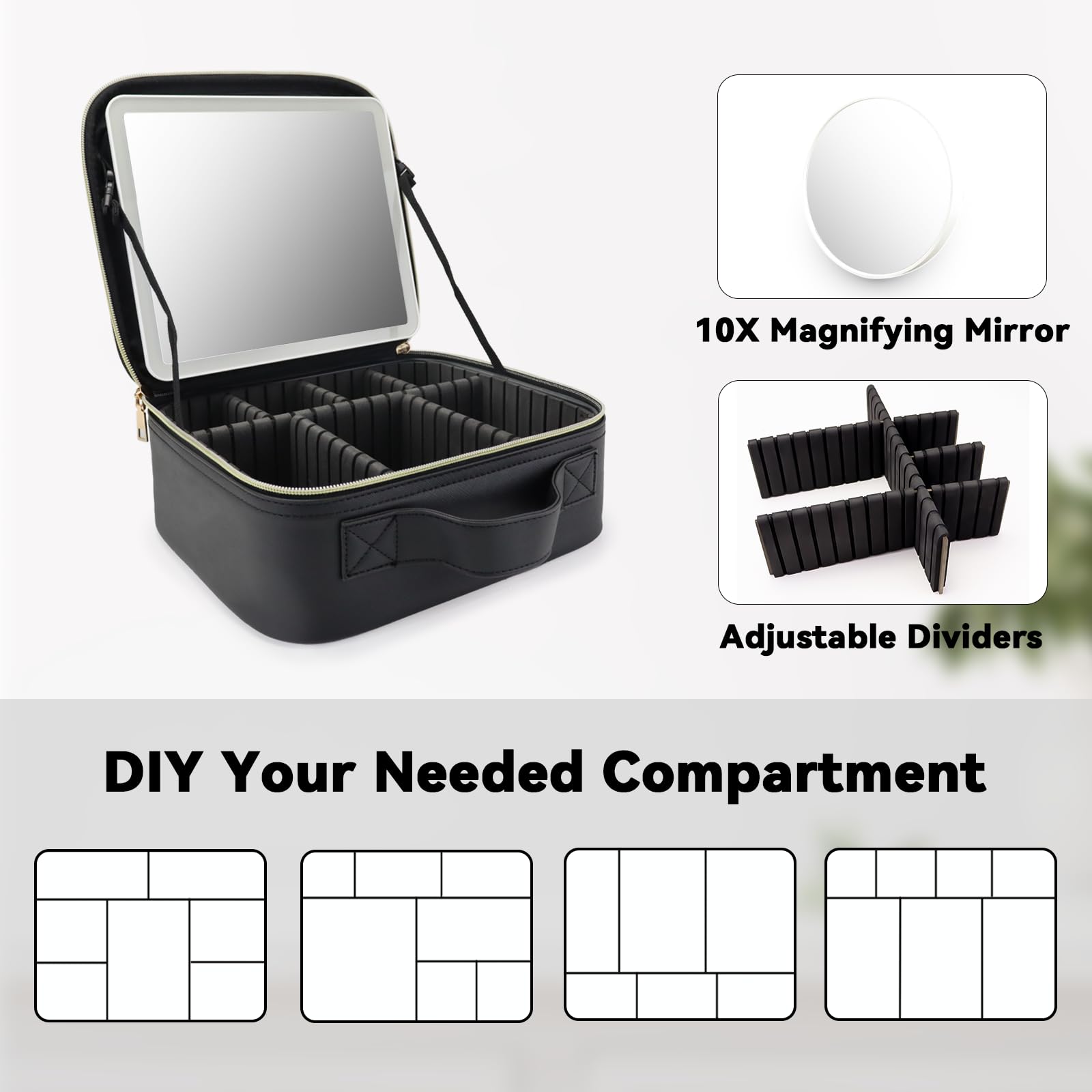 Movable dividers keep cosmetics organized and protected while traveling.