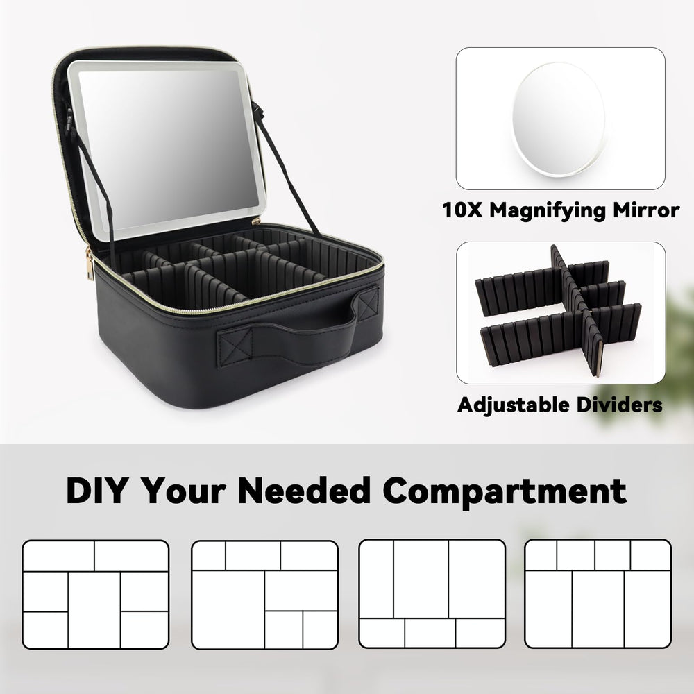 Movable dividers keep cosmetics organized and protected while traveling.