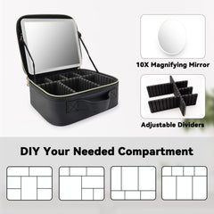 Movable dividers keep cosmetics organized and protected while traveling.