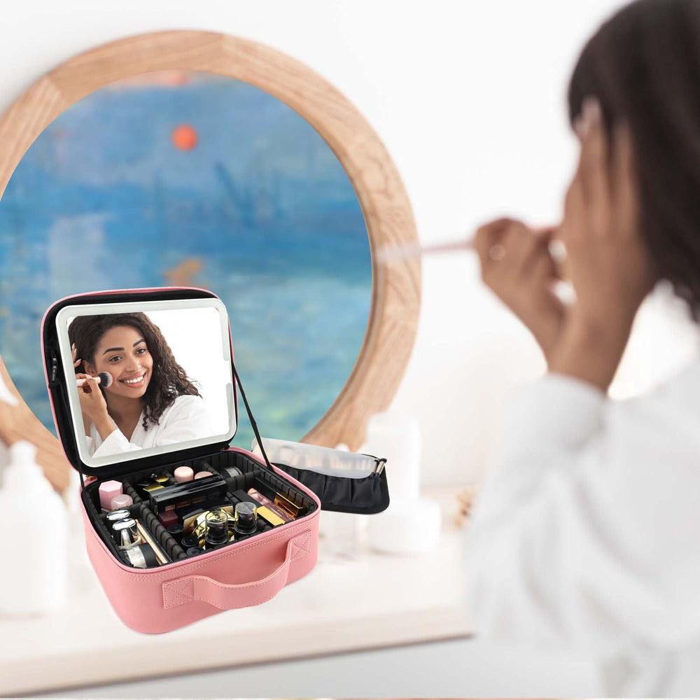 SLUMAZI portable dressing table interior—organized cosmetics for mess-free packing.