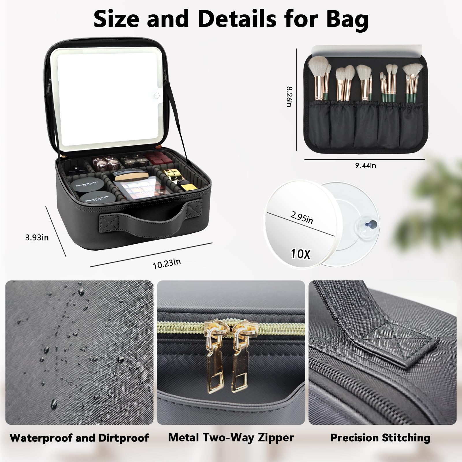 Separate makeup brush storage bag keeps contents clean and dry.