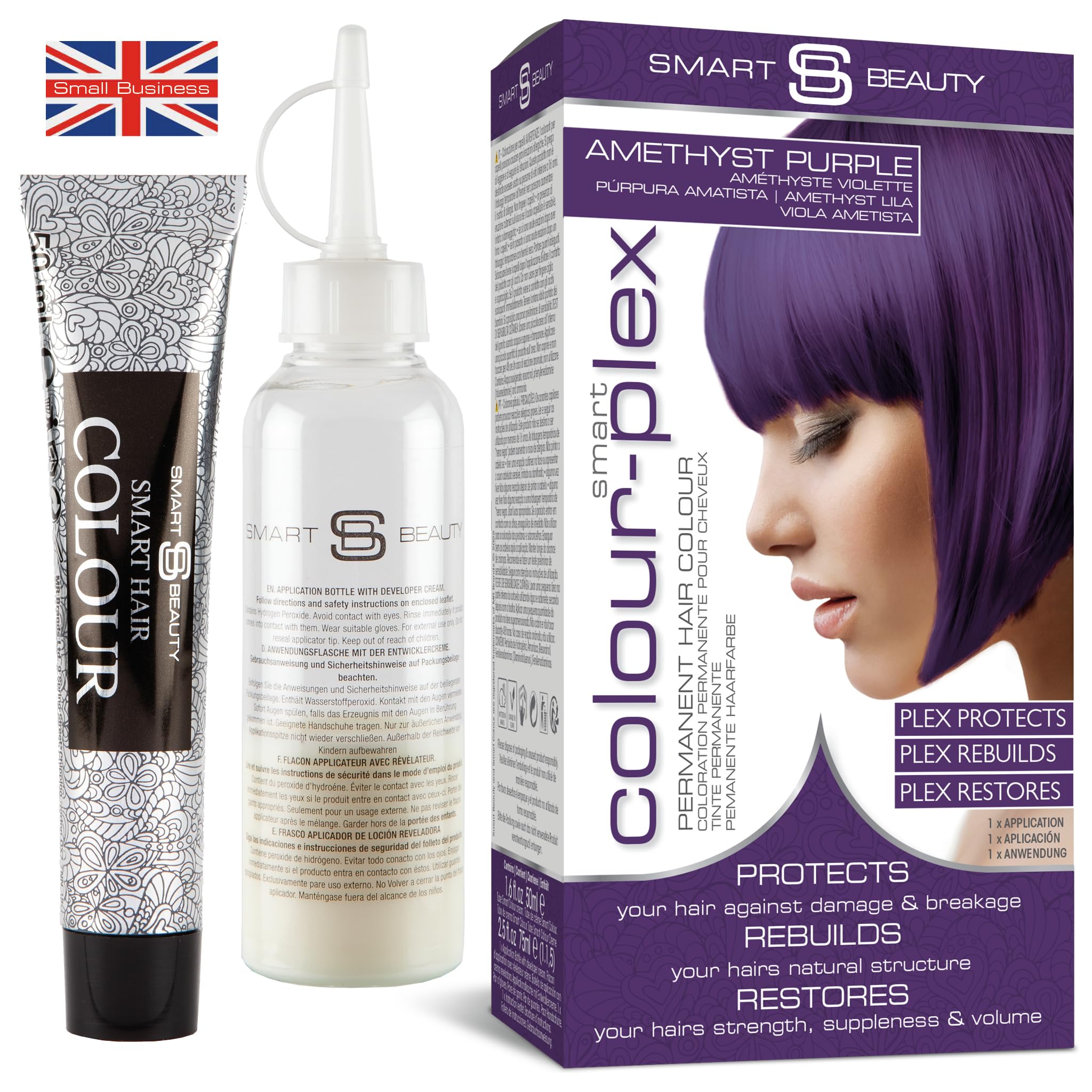 Smart Beauty amethyst purple dye kit bottle pour for smooth, even color application.