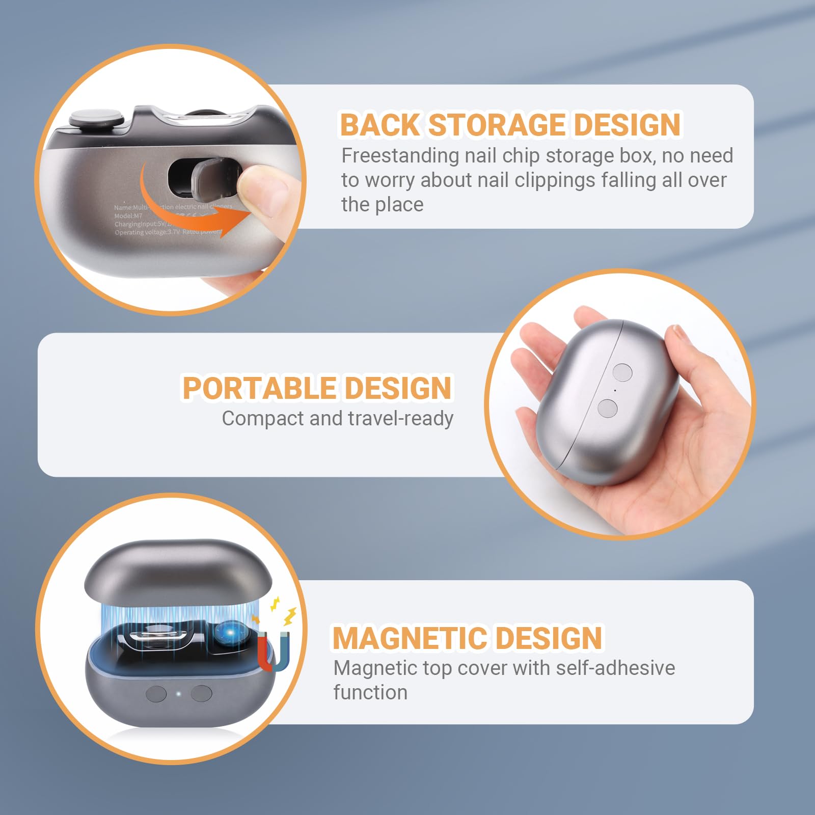 Smart Nail Clipper USB charging dock illustration shows long-lasting battery life.
