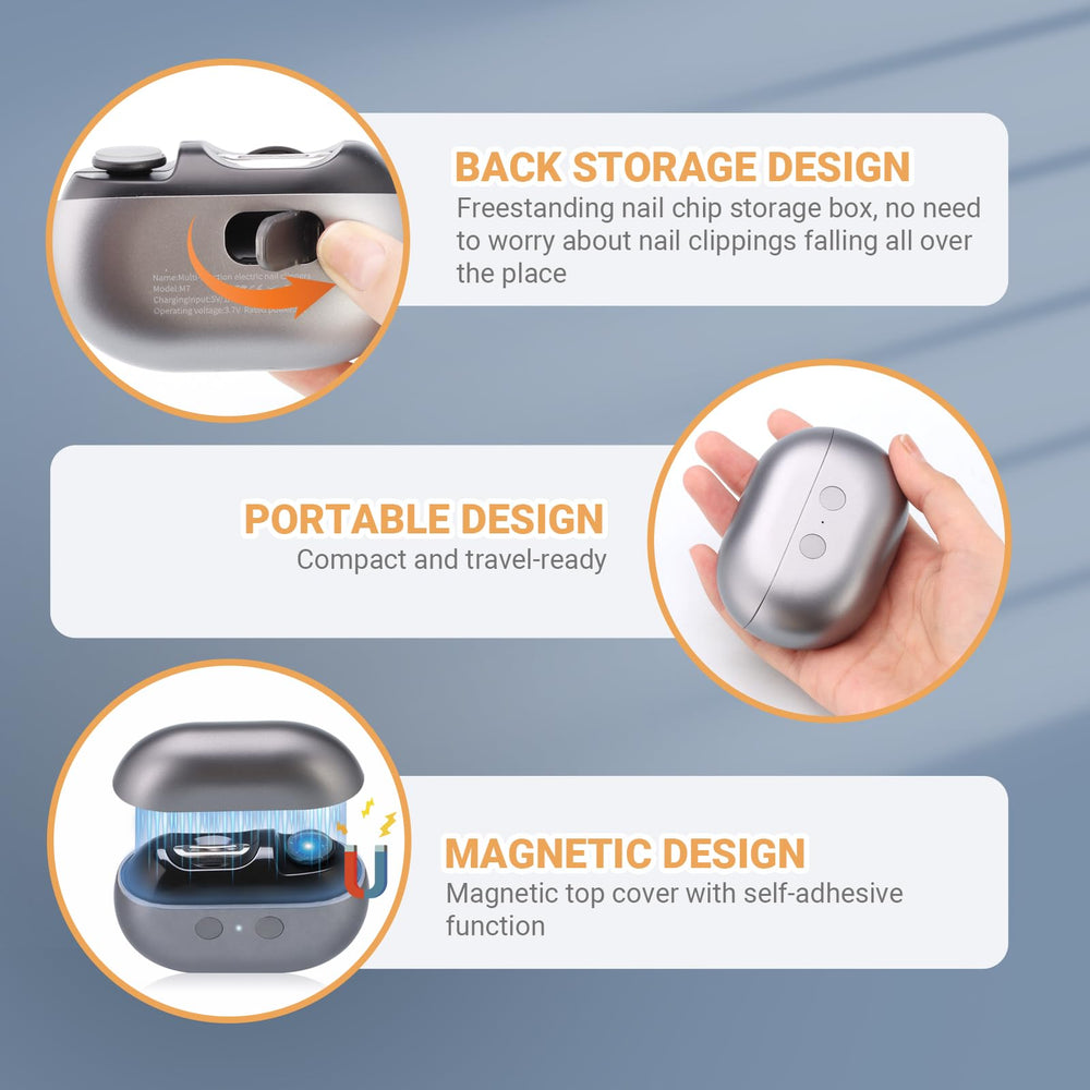 Smart Nail Clipper USB charging dock illustration shows long-lasting battery life.