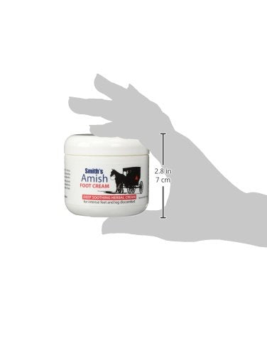 Smith's Amish Foot Cream application scene demonstrates easy, fast-absorbing formula