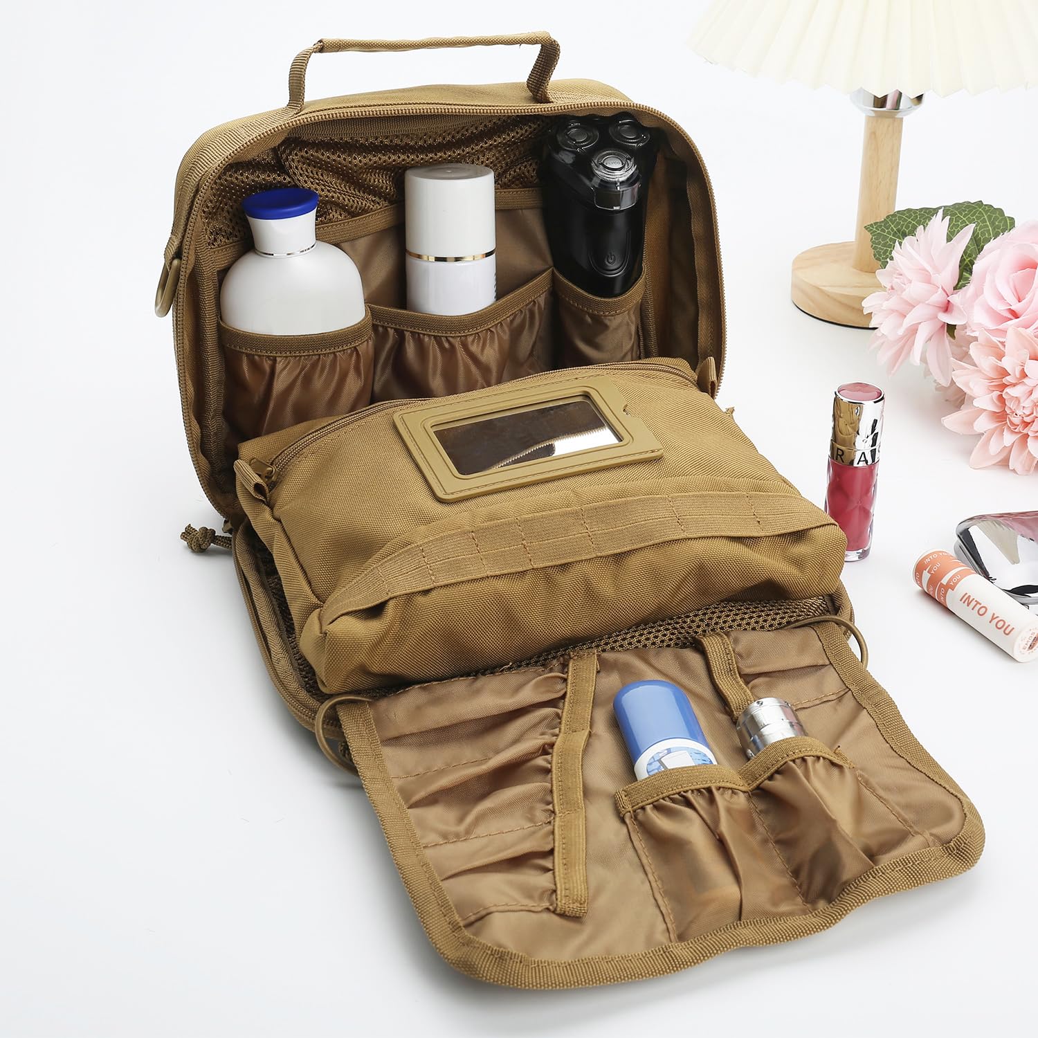 SMONT hanging Dopp kit design saves counter space on trips.