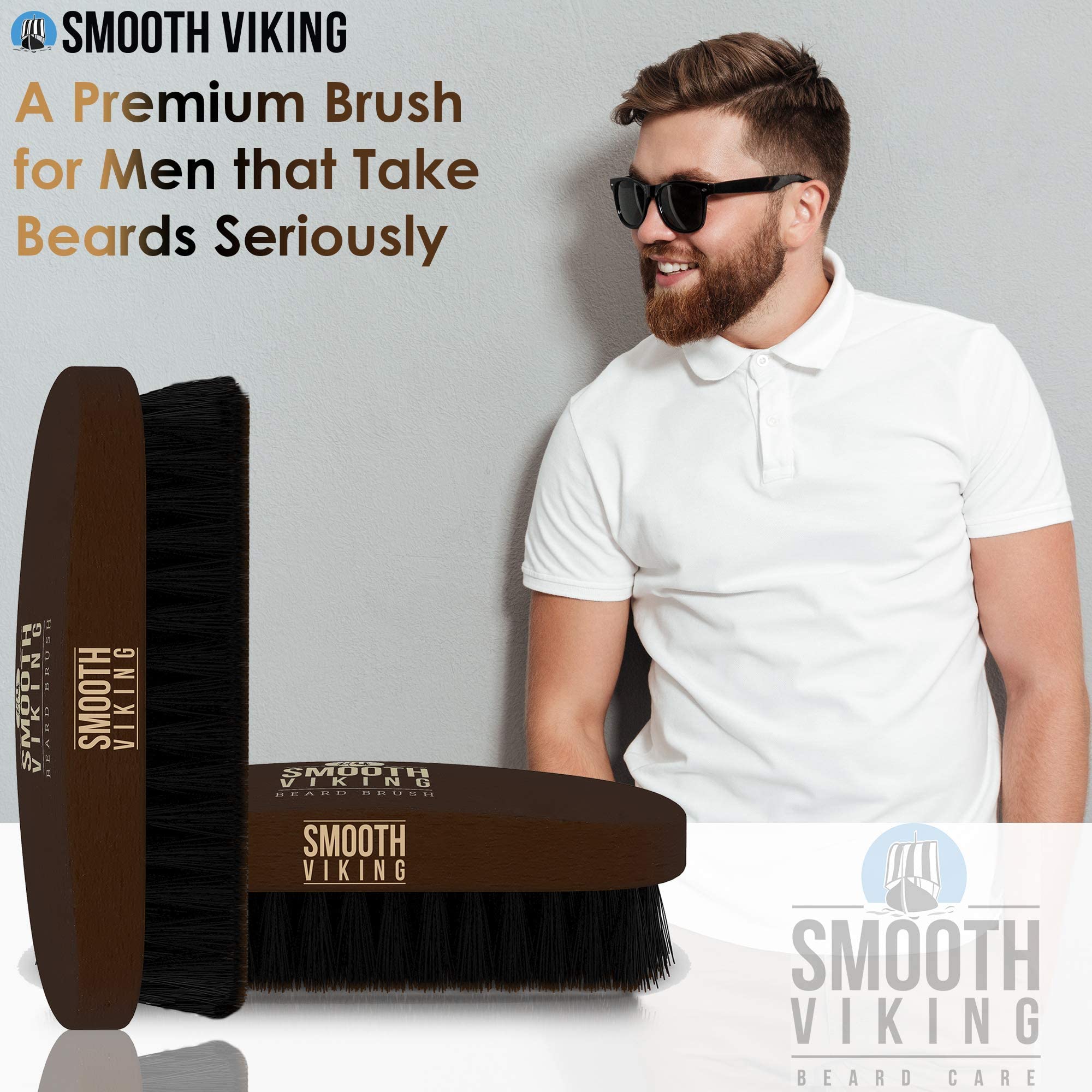 Smooth Viking beard brush handle wood closeup emphasizes ergonomic grip and comfort.