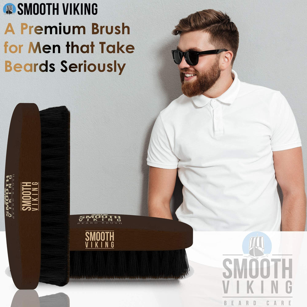 Smooth Viking beard brush handle wood closeup emphasizes ergonomic grip and comfort.
