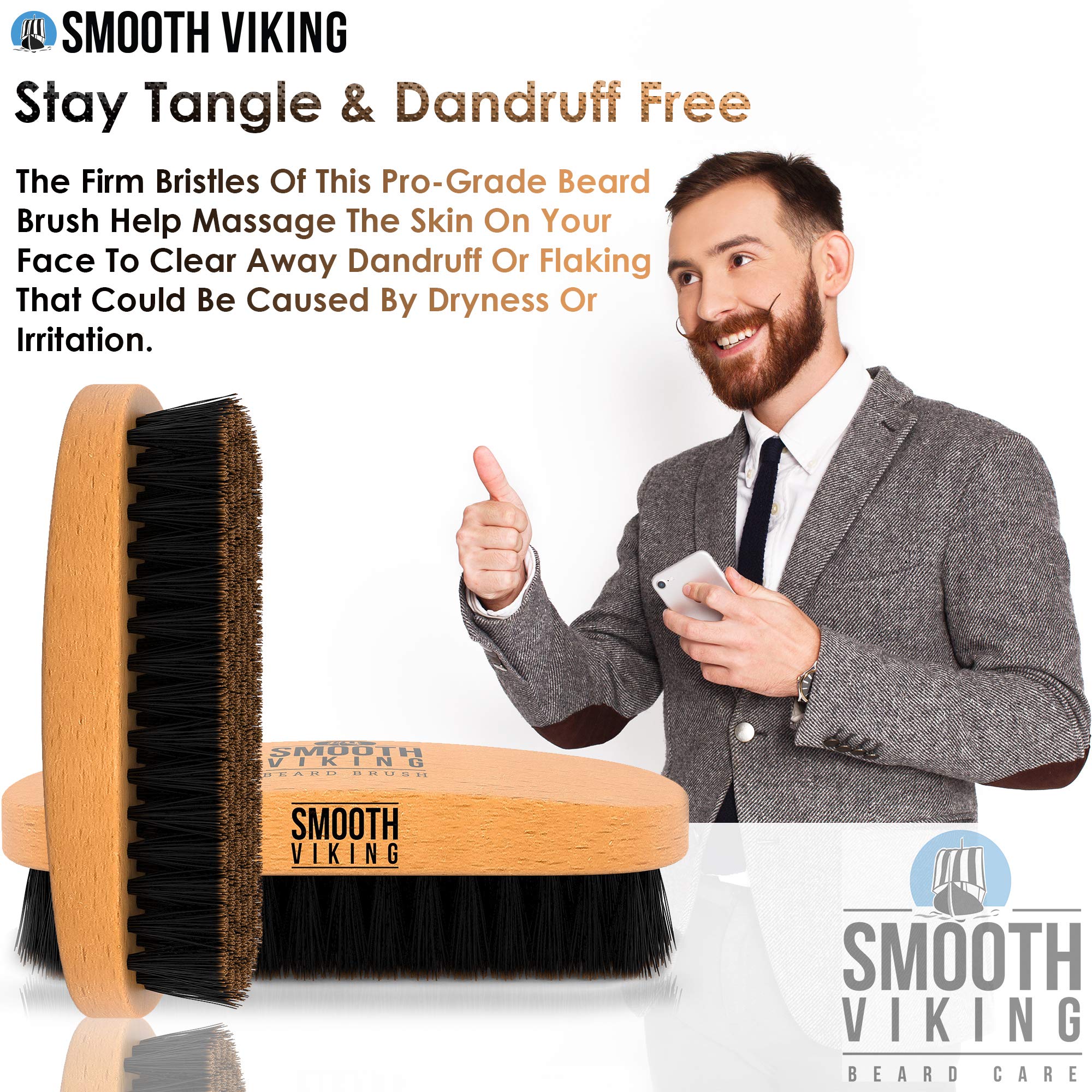 Smooth Viking beard brush demonstrated on wet or dry beard for versatile styling.