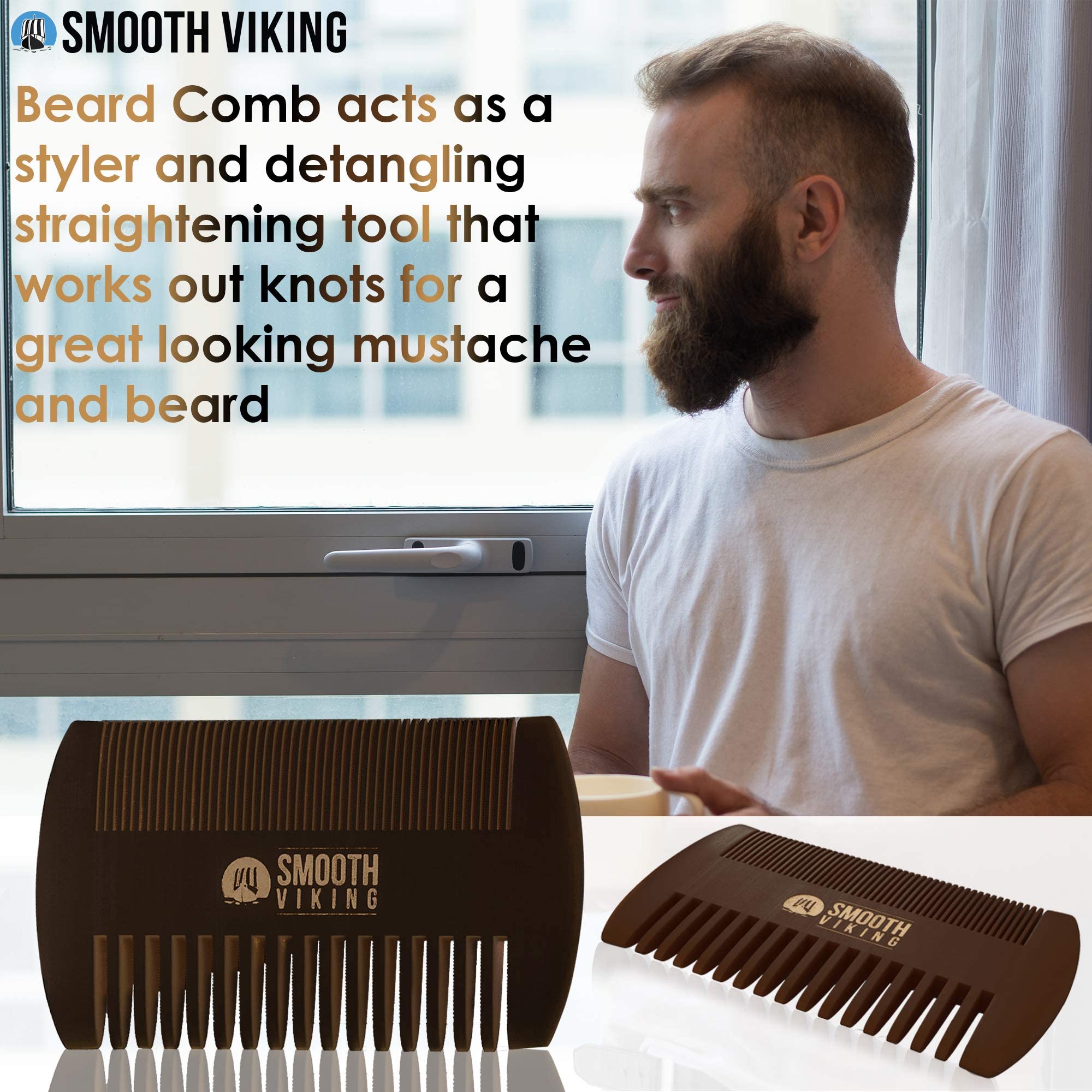 Smooth Viking beard comb teeth detail shows fine-to-coarse teeth for versatile detangling.