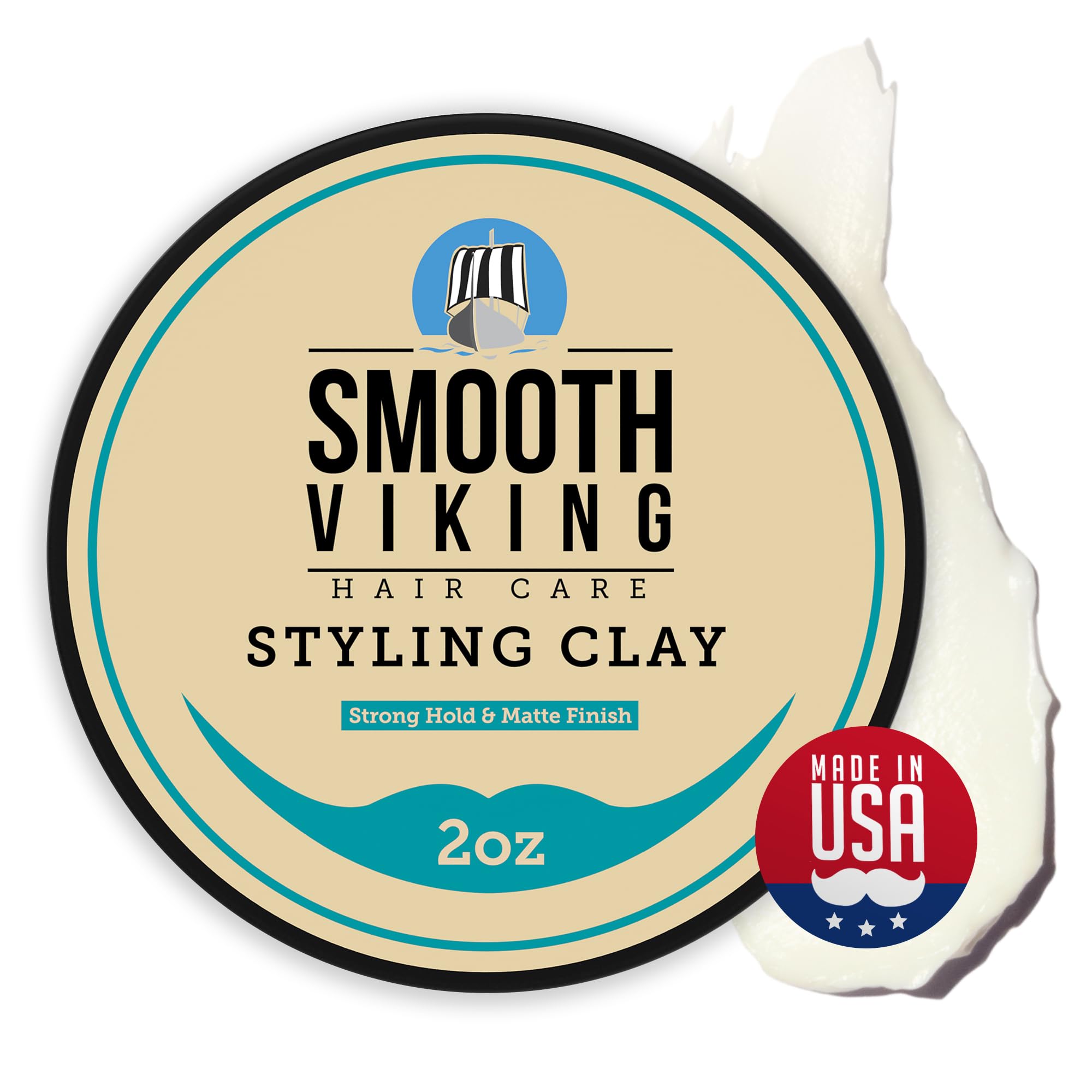 Smooth Viking hair clay for men packaging, compact 2oz tin for on-the-go styling