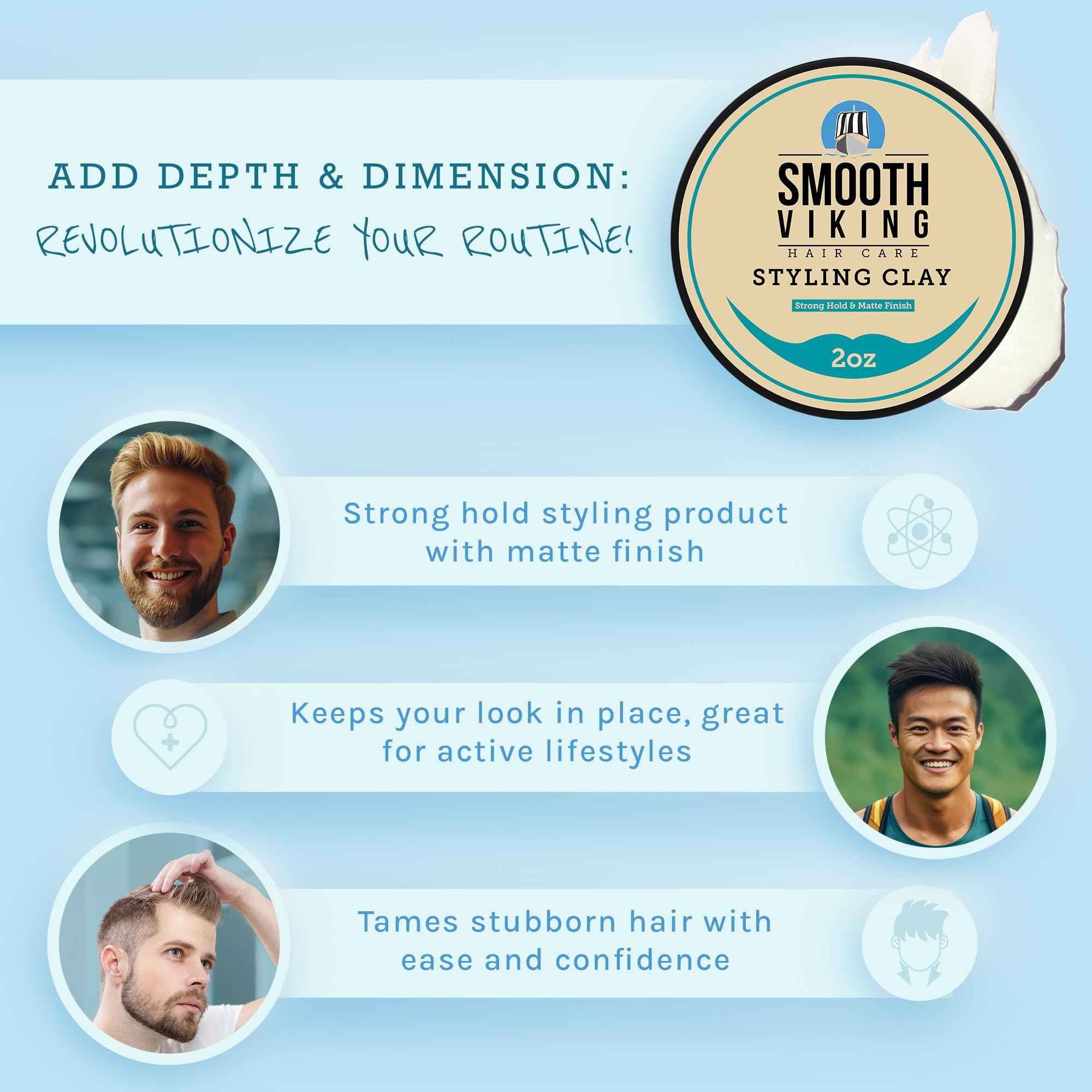 Smooth Viking hair clay strong hold defines a lasting, no-fuss hairstyle