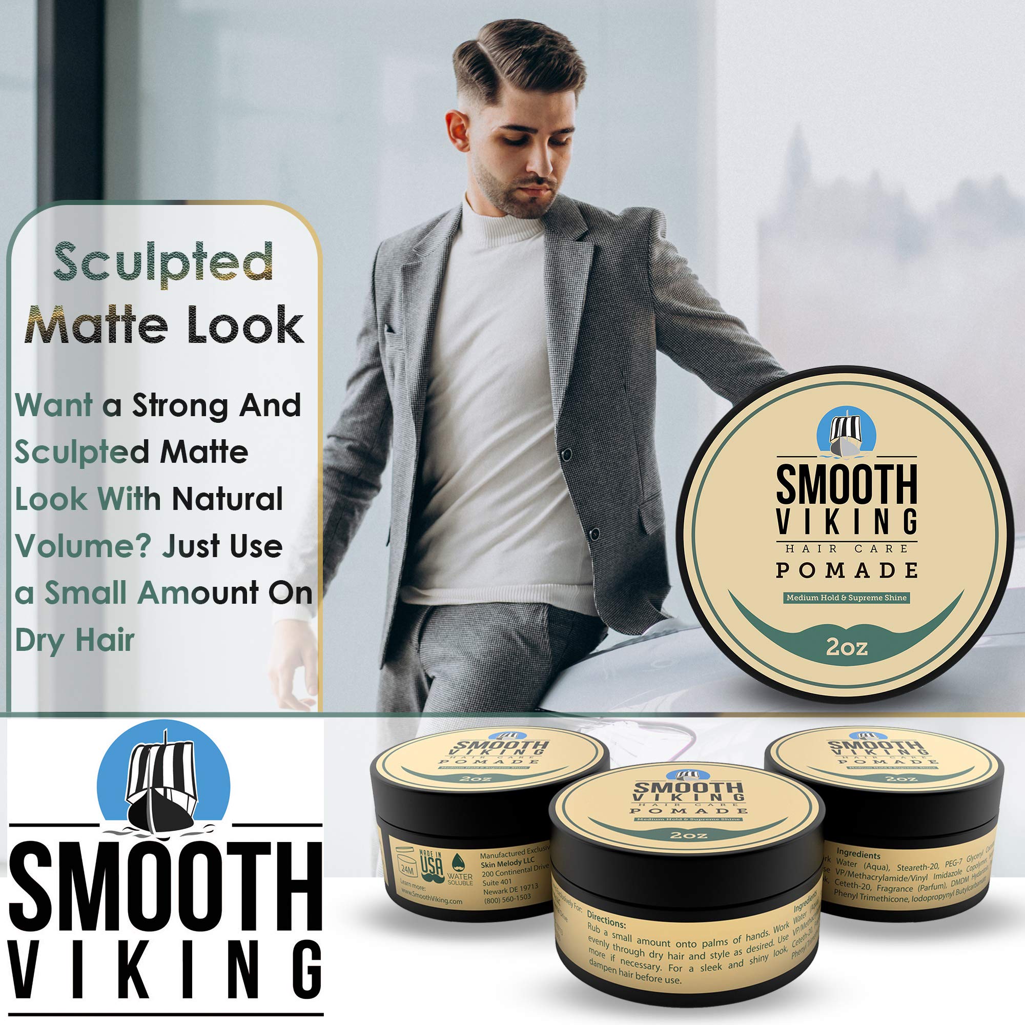 Smooth Viking pomade 2oz-tube demonstrates portable grooming for travel-ready styling.