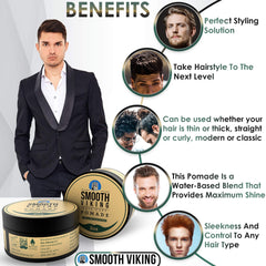 Smooth Viking pomade shine close-up highlights the high shine finish for polished looks.