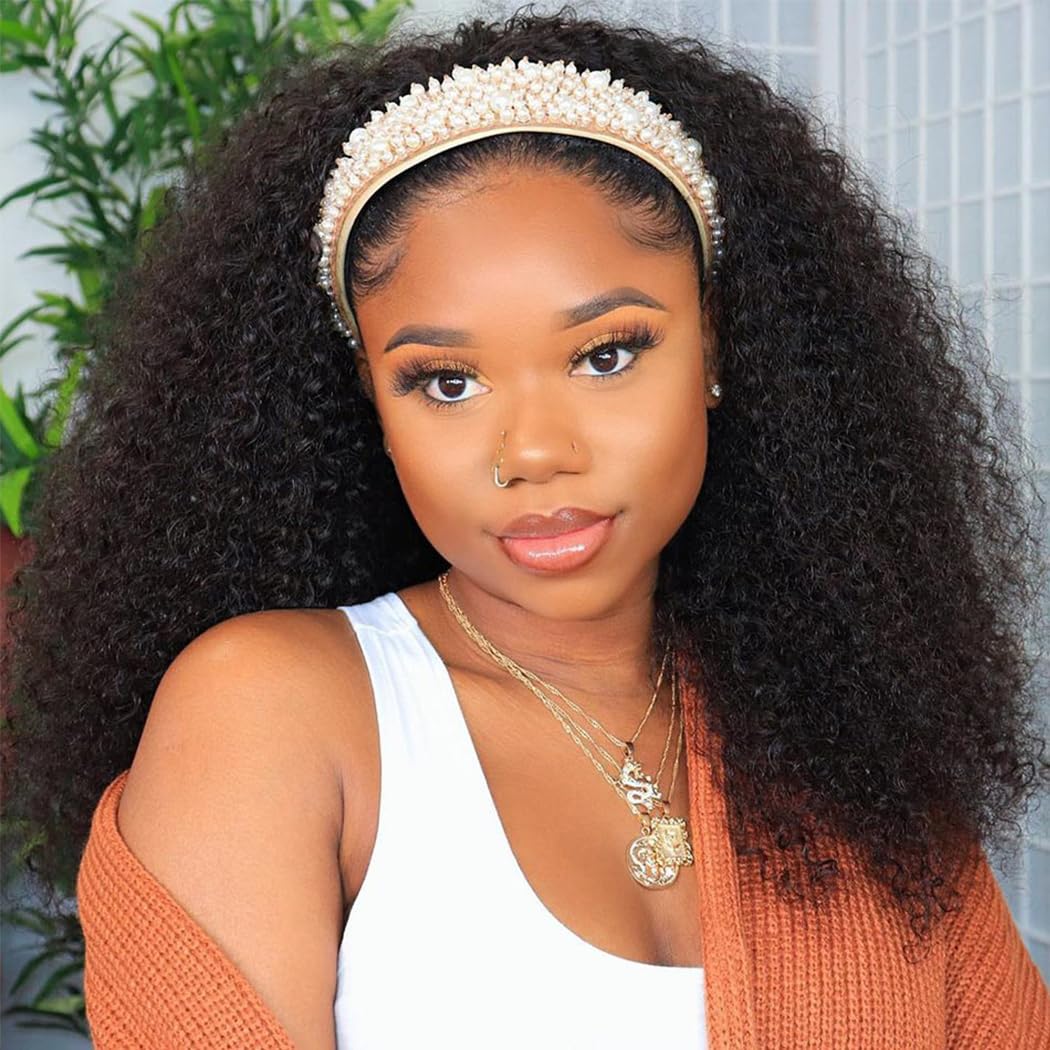 Smoothair headband wig kinky curly texture close-up shows natural shine and fullness.