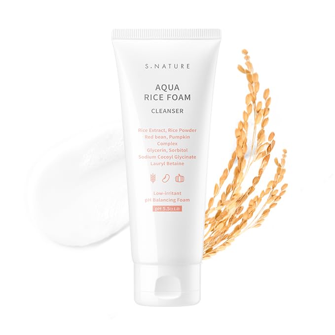 S.NATURE Aqua Rice Foam Cleanser bottle shows gentle vegan formula for bright, clear skin.