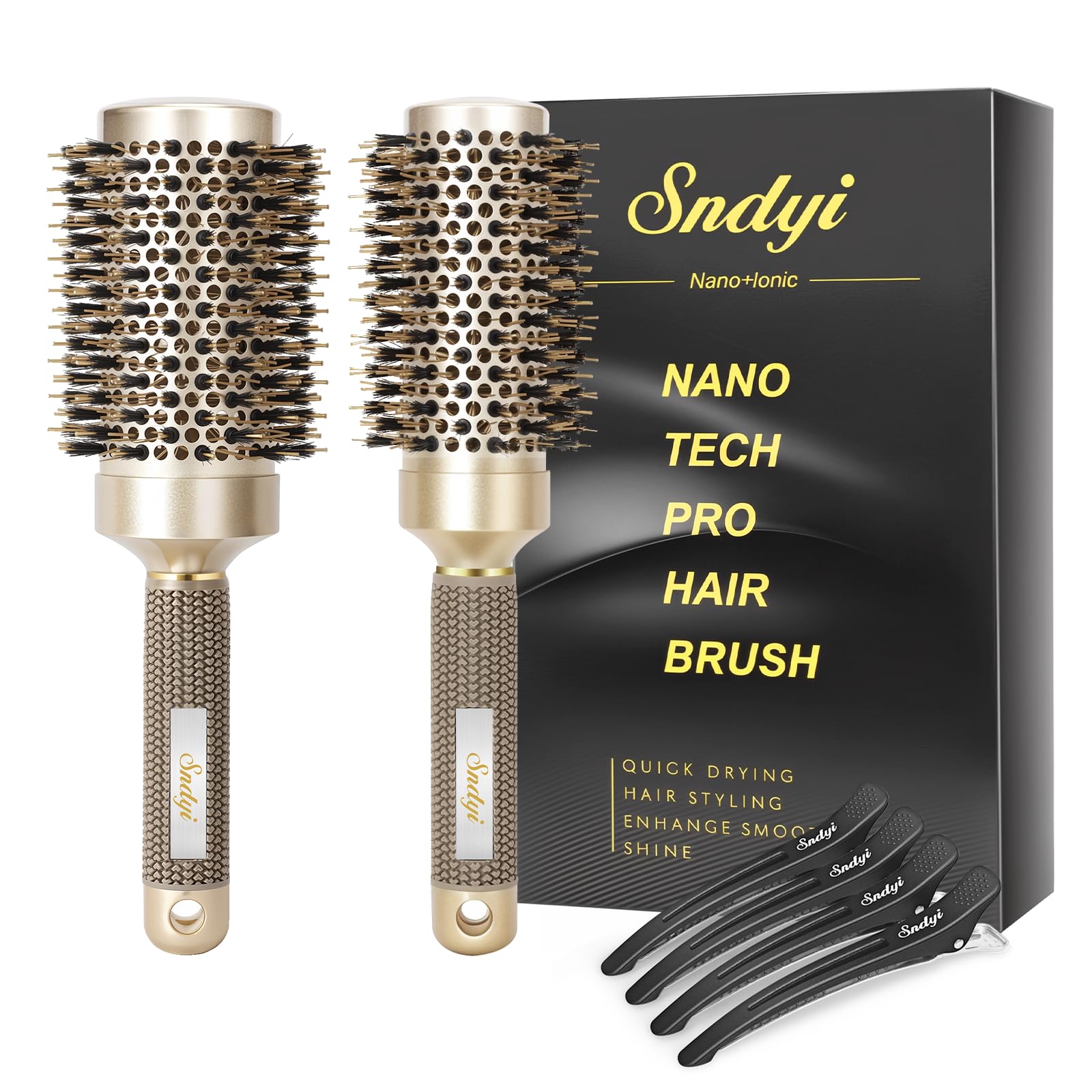 Sndyi nano-thermal-ceramic-round-brush-1-7-inch-barrel smooths hair while reducing frizz during blow-drying.