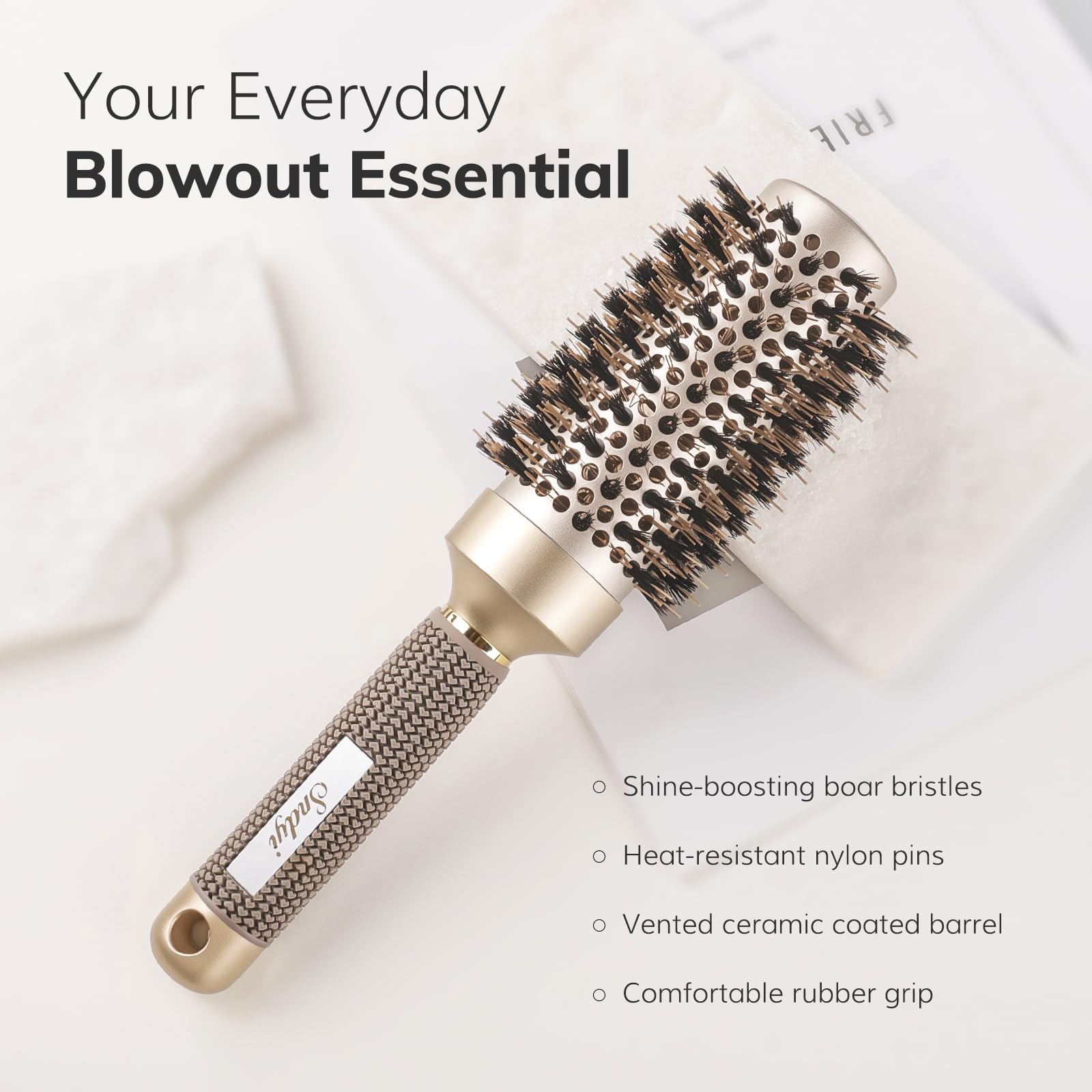 Sndyi round brush boar-bristles-closeup illustrating gentle detangling and natural shine.