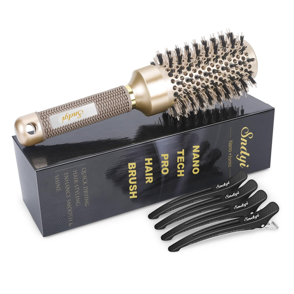 Sndyi round brush ceramic-ionic-barrel close-up for frizz control and shine.