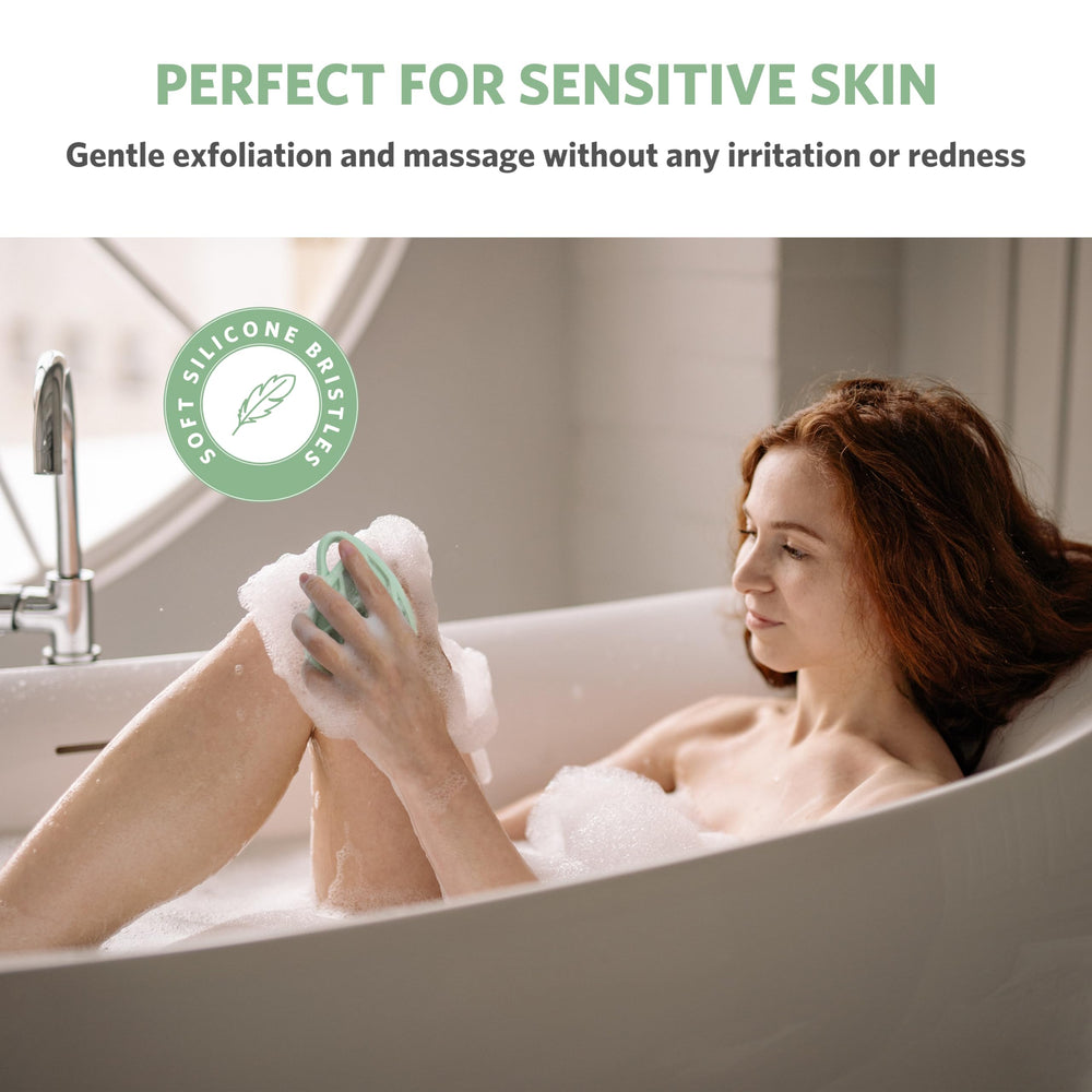 Sndyi silicone body scrubber ergonomic grip designed for comfortable shower handling.