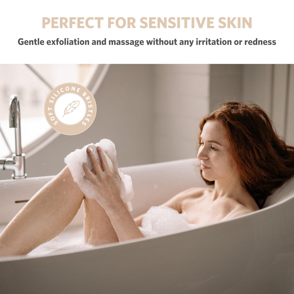 Soft exfoliation for sensitive skin with Sndyi silicone scrubber.