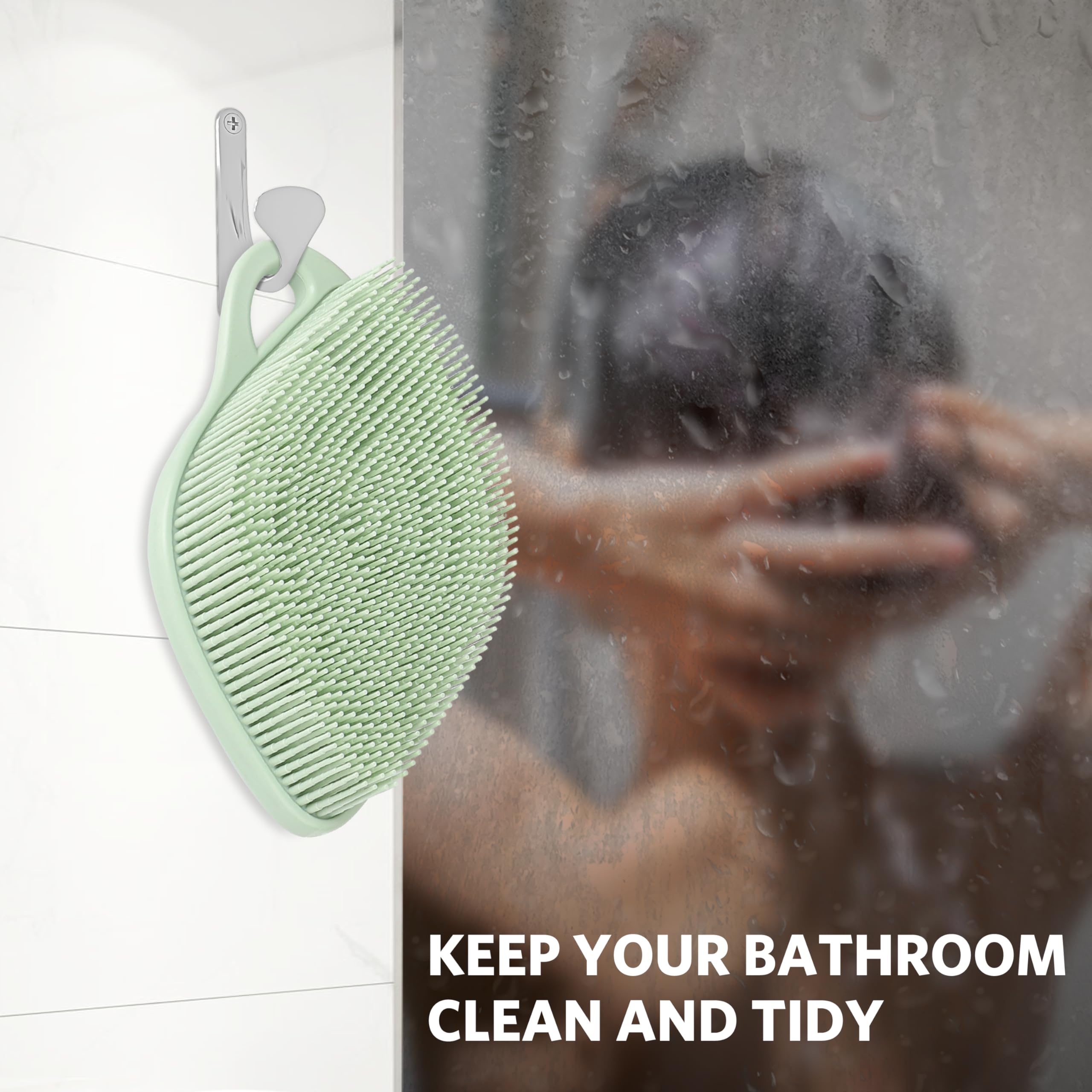 Sndyi silicone body scrubber in-use in shower for convenient cleansing routine.